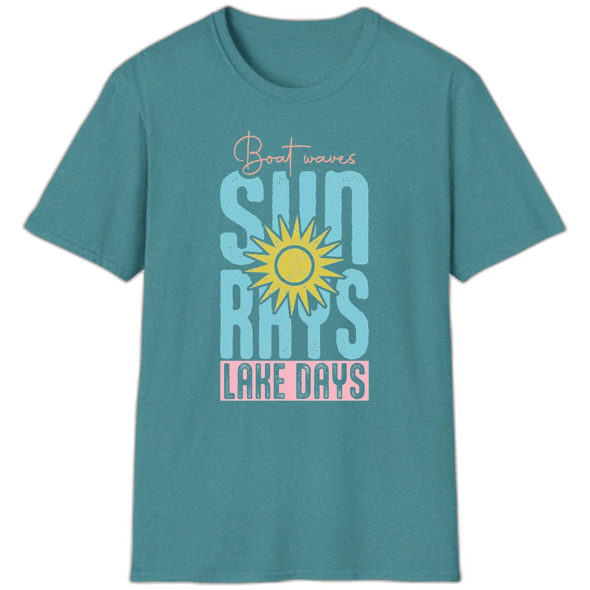 Boat Waves Sun Rays Lake Days T-Shirt in Heather Galapagos Blue