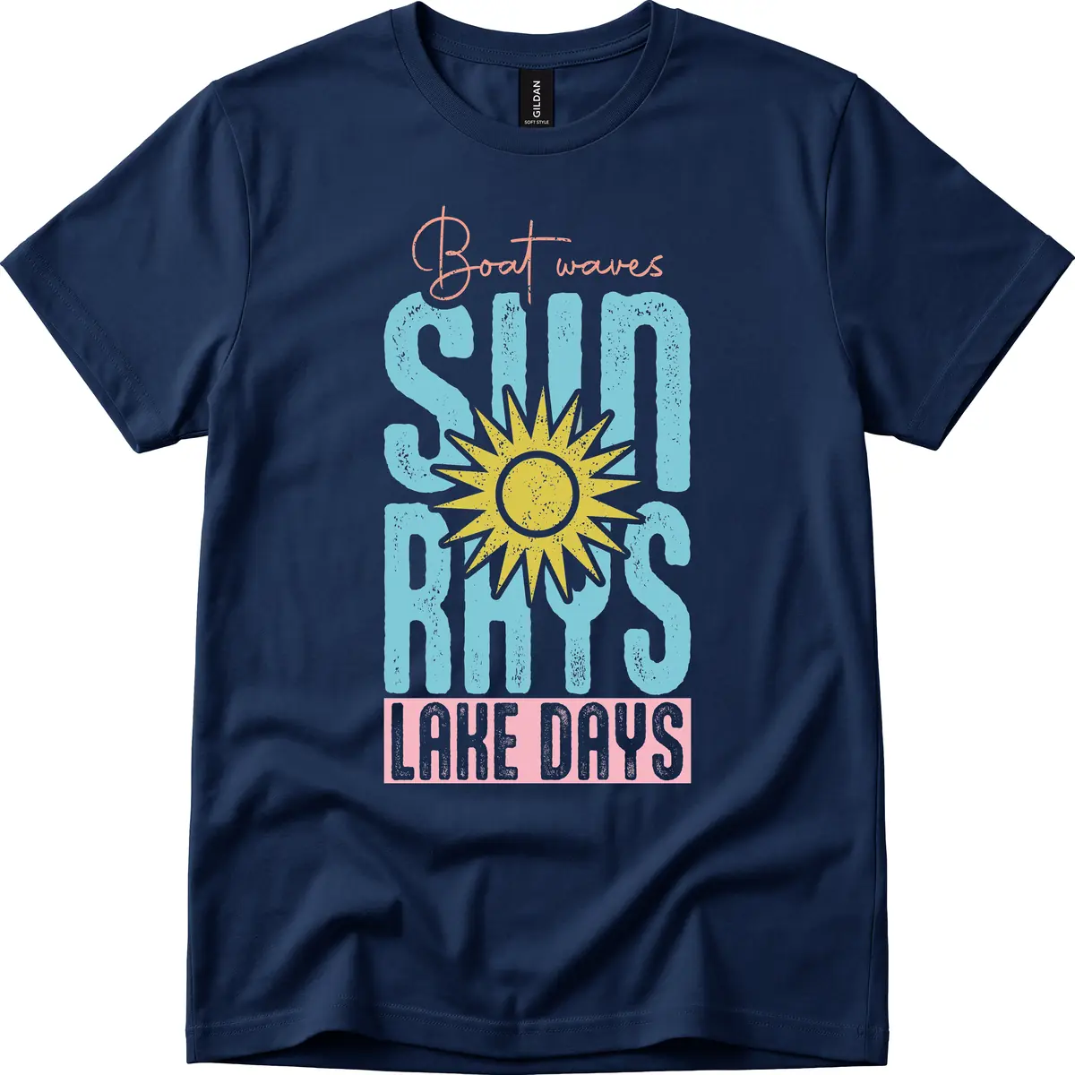 Boat Waves Sun Rays Lake Days T-Shirt in Navy