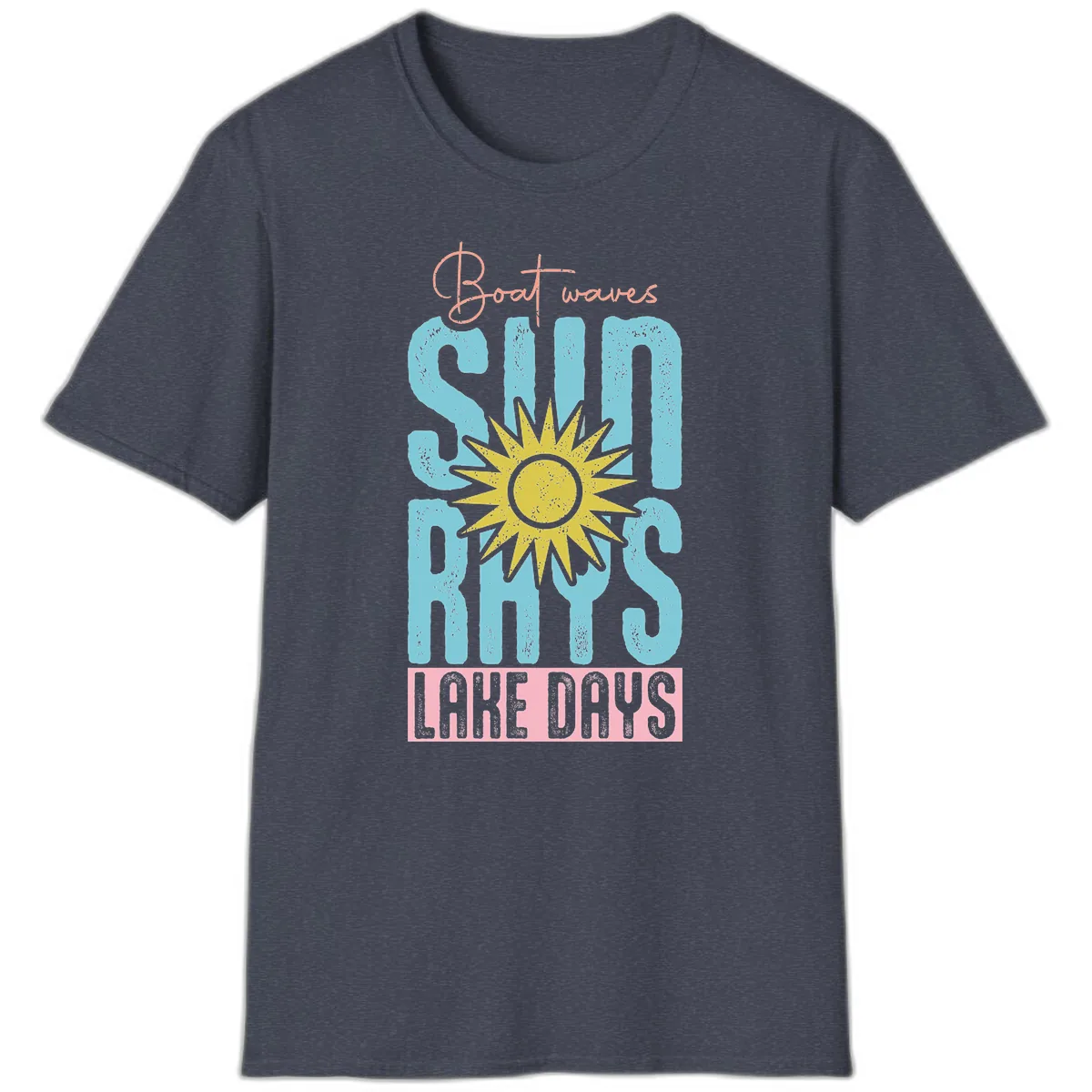 Boat Waves Sun Rays Lake Days T-Shirt in Heather Navy