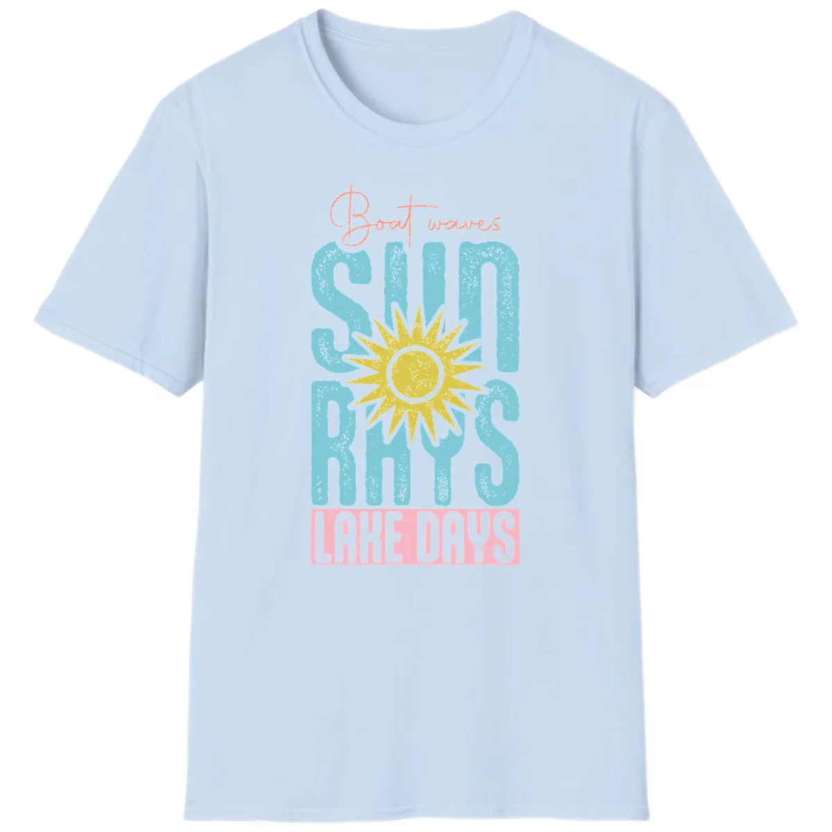 Boat Waves Sun Rays Lake Days T-Shirt in Light Blue