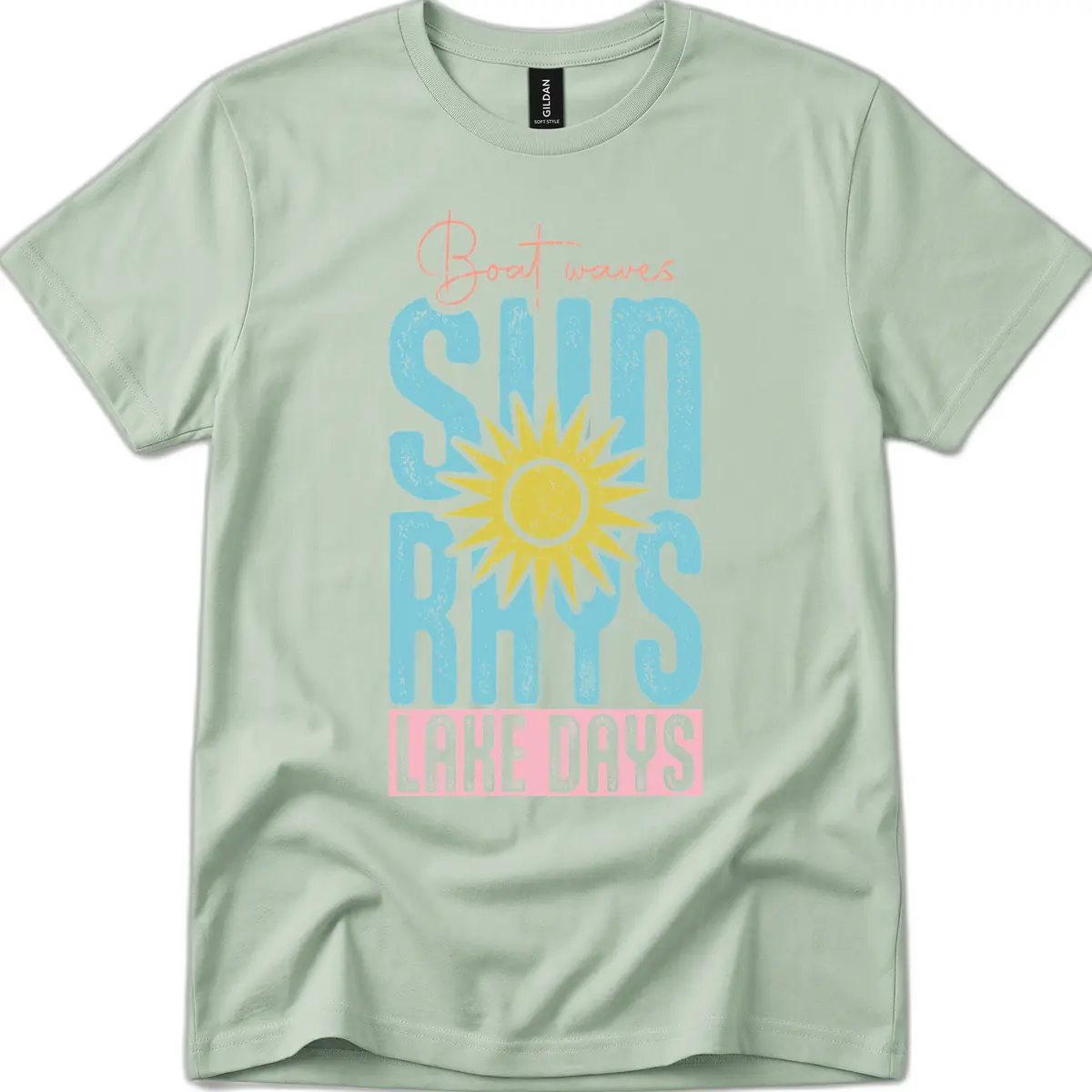 Boat Waves Sun Rays Lake Days T-Shirt in Sage