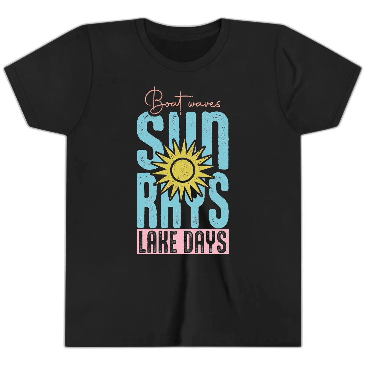 Boat Waves Sun Rays Lake Days Youth T-Shirt in Black