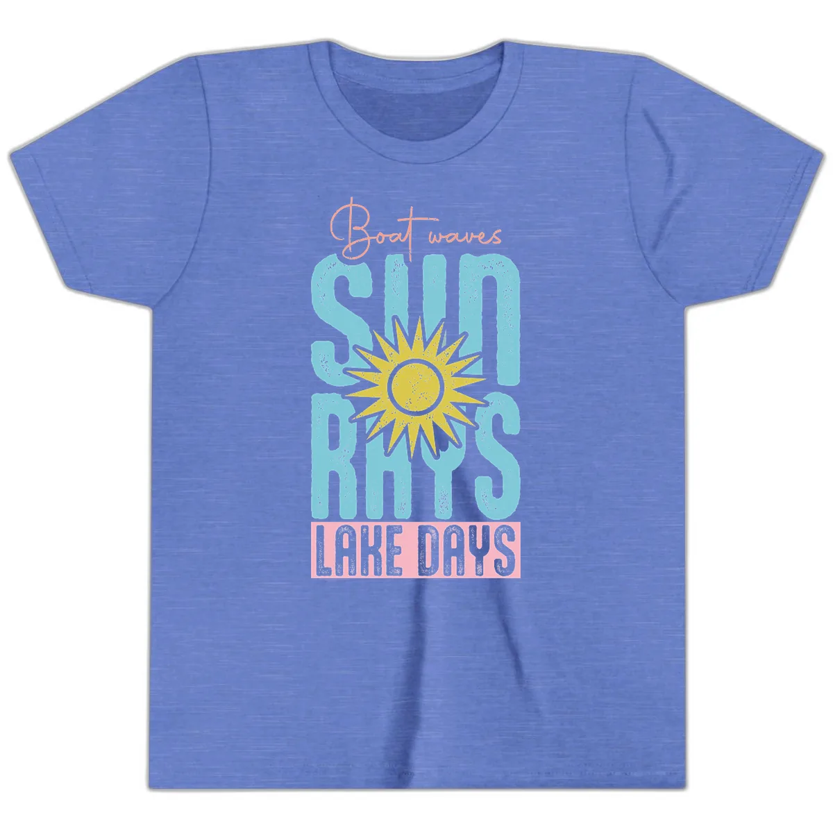 Boat Waves Sun Rays Lake Days Youth T-Shirt in Heather Columbia Blue