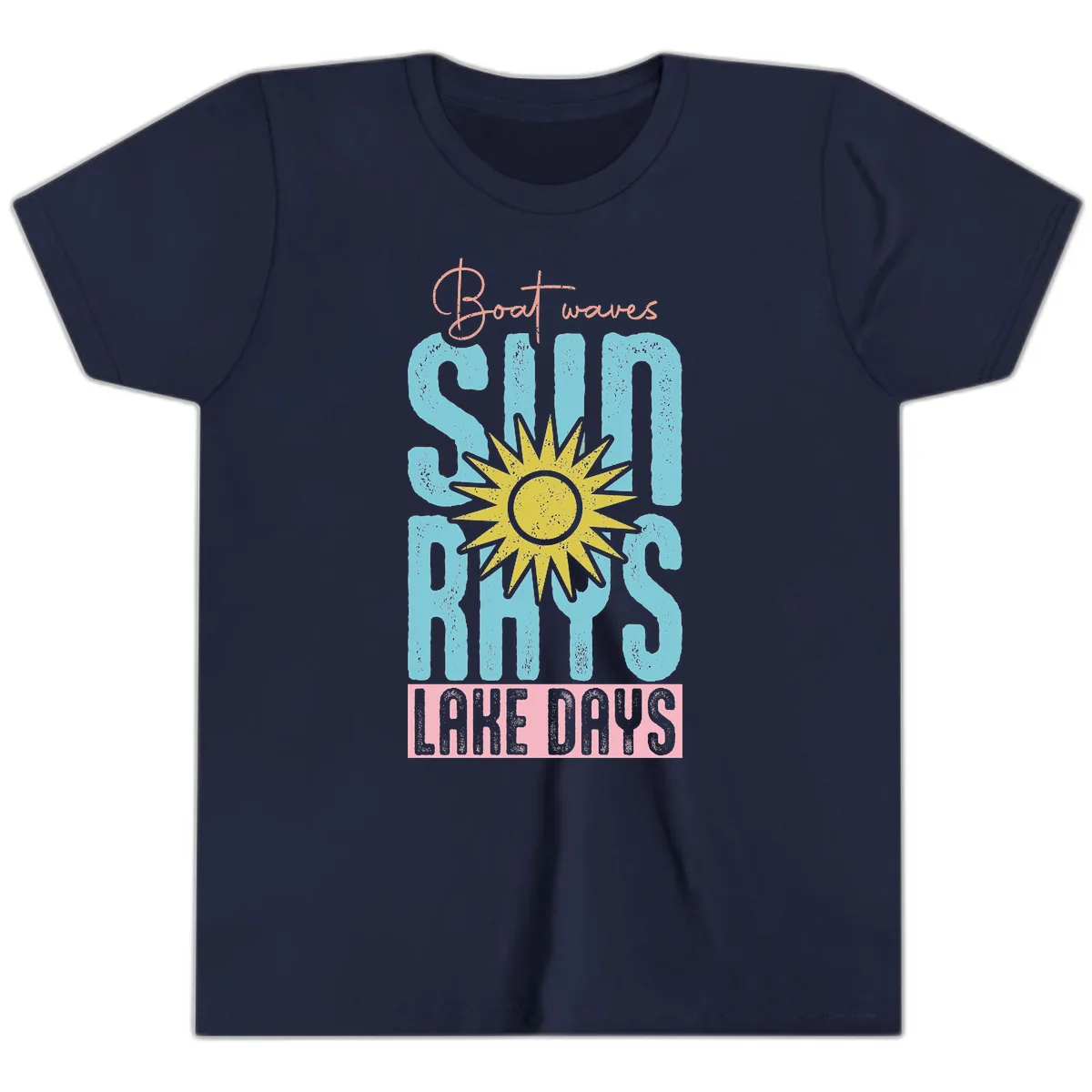 Boat Waves Sun Rays Lake Days Youth T-Shirt in Navy