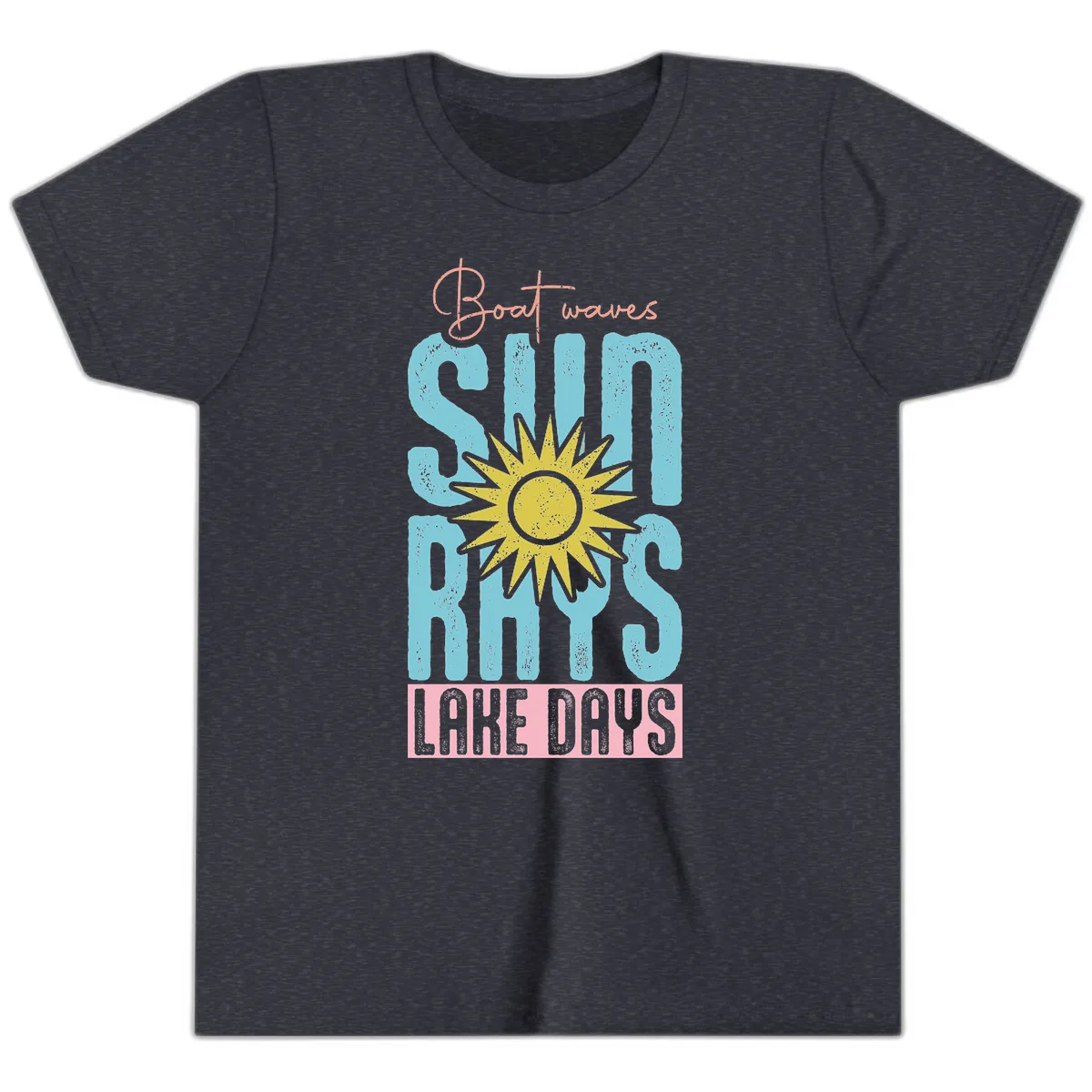 Boat Waves Sun Rays Lake Days Youth T-Shirt in Heather Navy