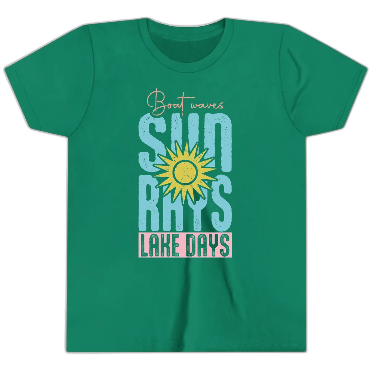 Boat Waves Sun Rays Lake Days Youth T-Shirt in Kelly