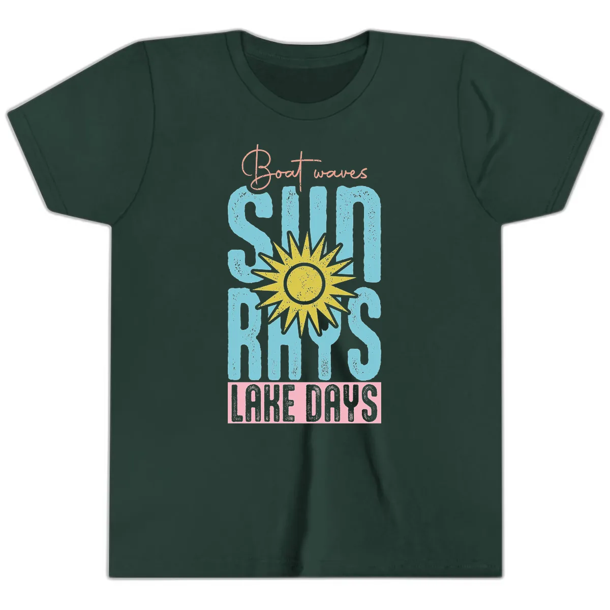 Boat Waves Sun Rays Lake Days Youth T-Shirt in Forest