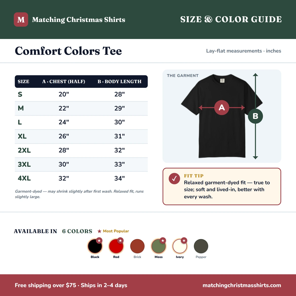 Comfort Color size & color guide