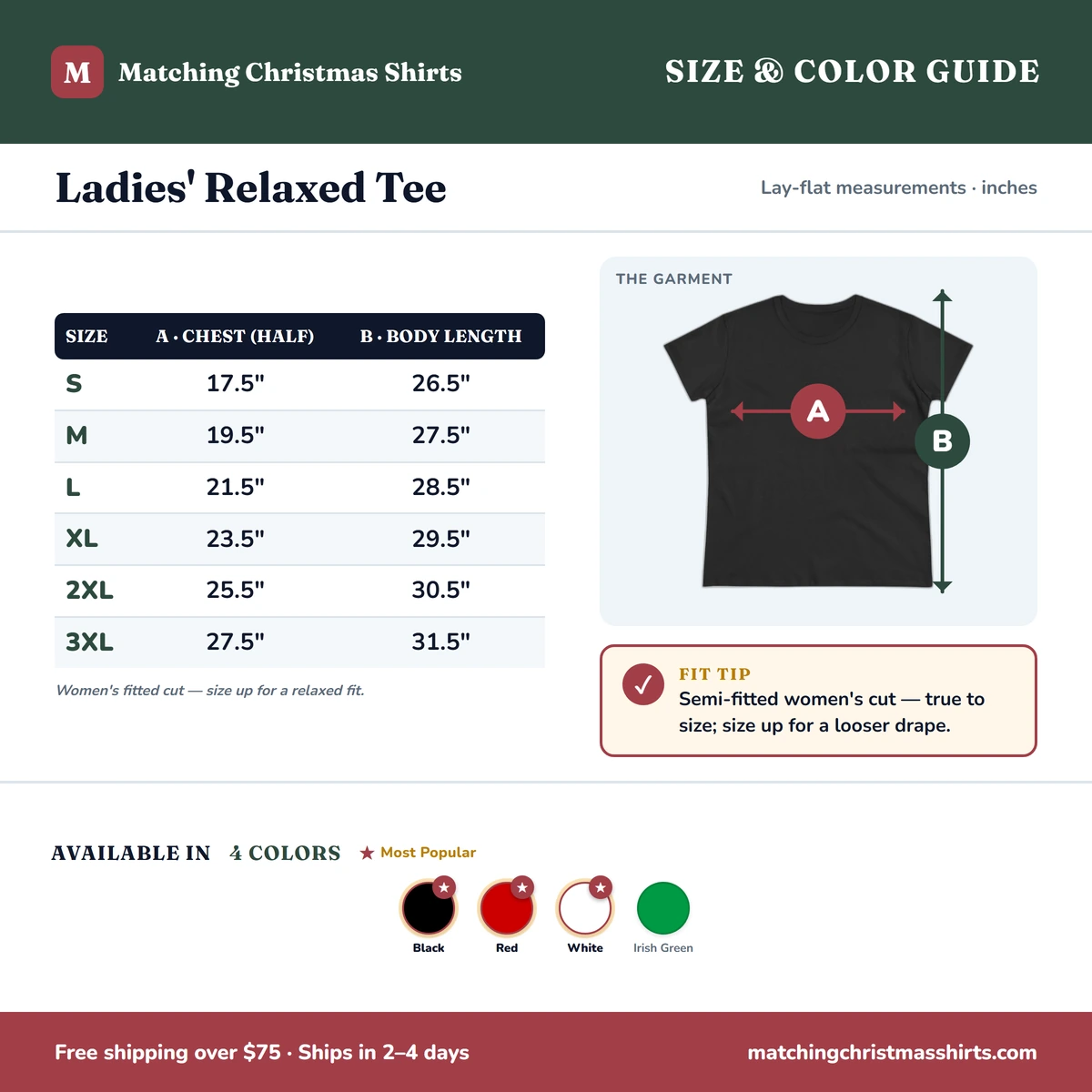 Ladies Tee size & color guide