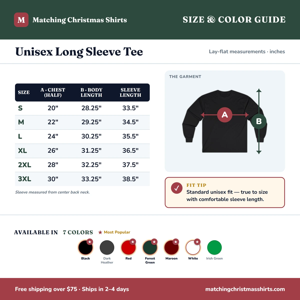 Long Sleeve size & color guide