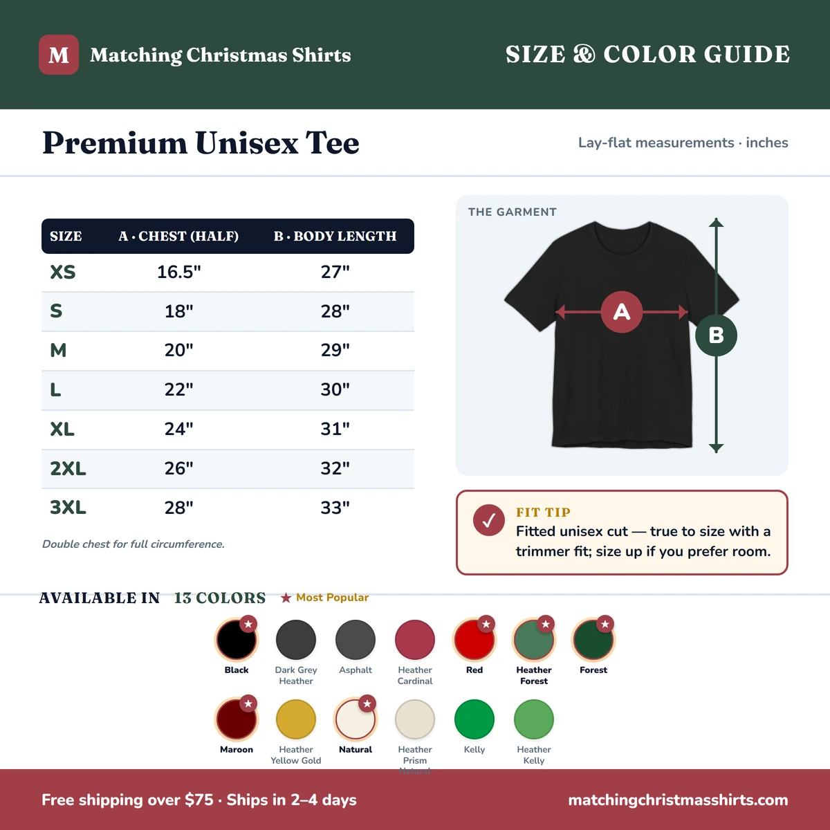 Premium T-Shirt size & color guide