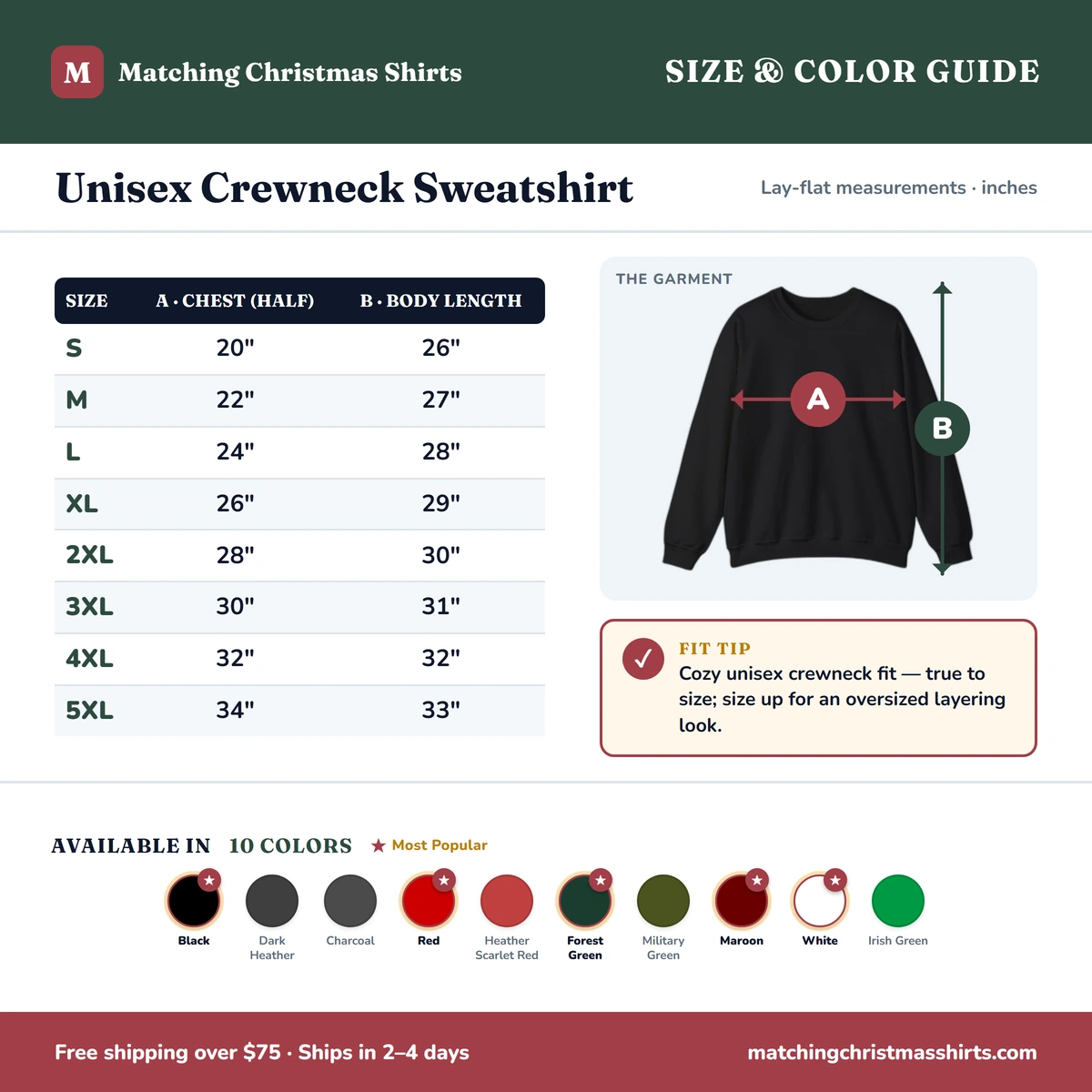 Sweatshirt size & color guide
