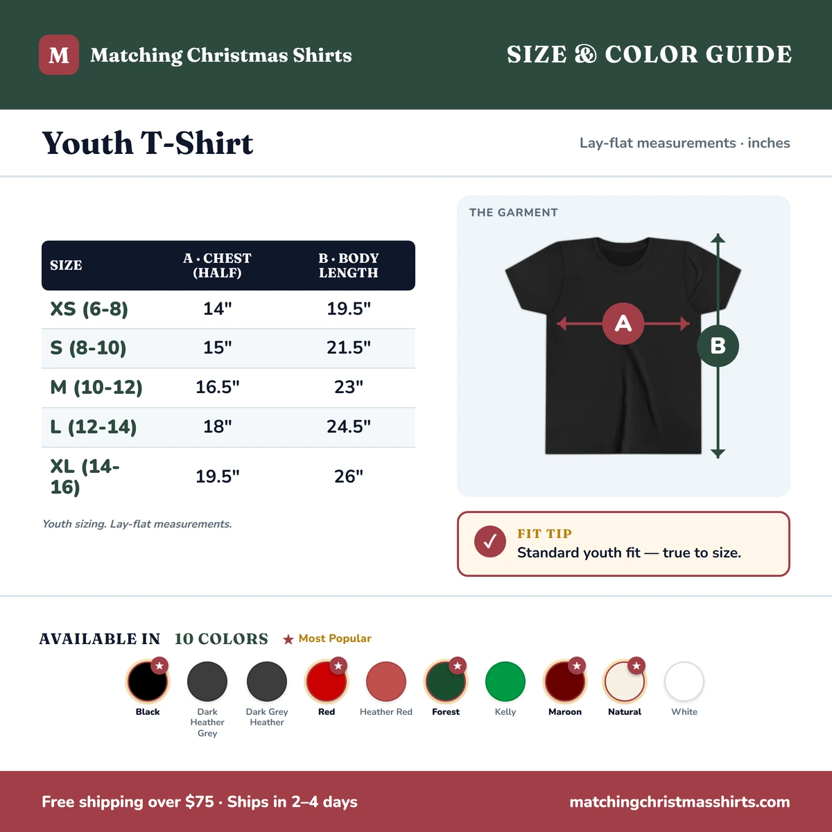 Youth T-Shirt size & color guide