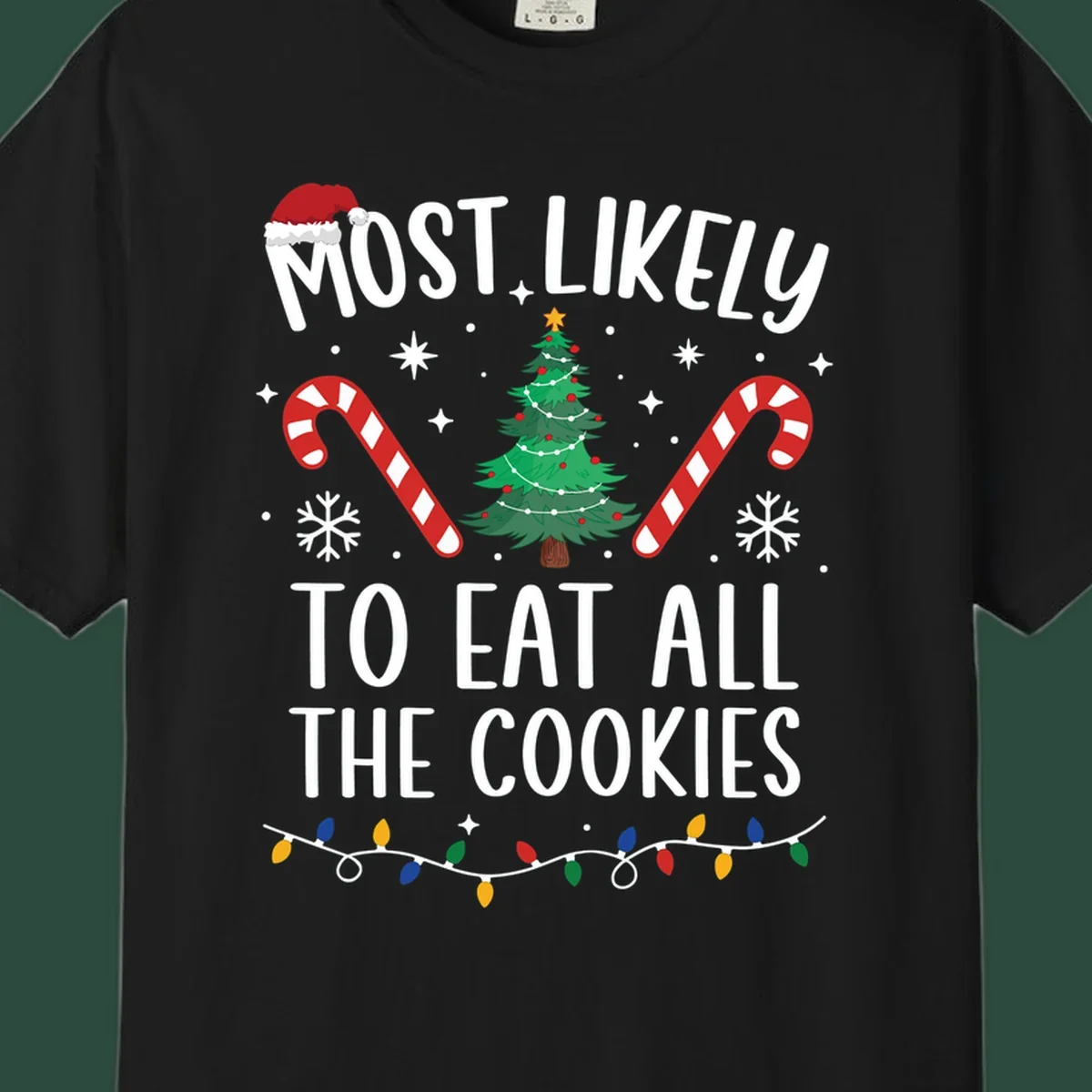 Most Likely To Eat All The Cookies Christmas graphic with tree and candy canes.