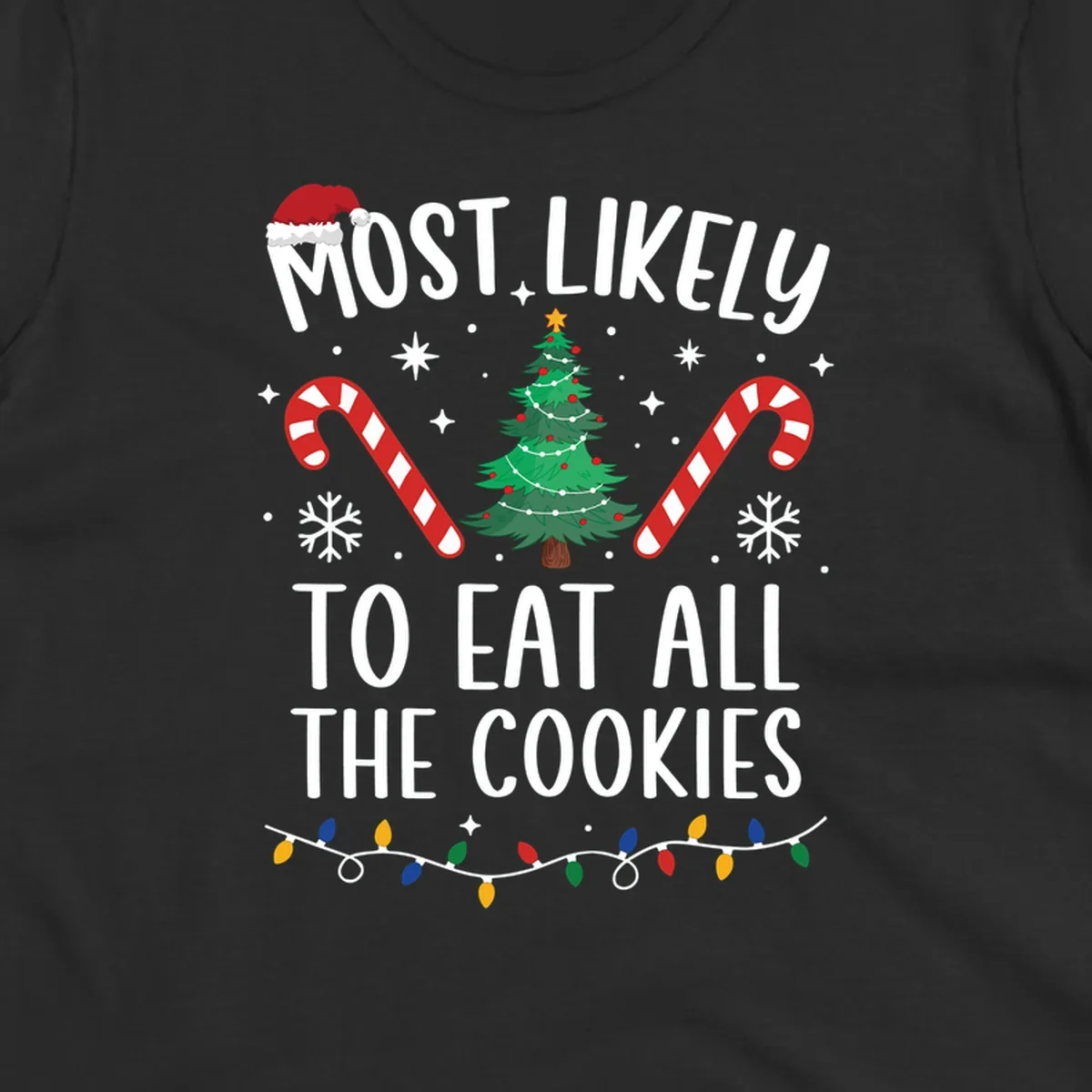 Most Likely To Eat All The Cookies Christmas graphic with tree and candy canes.