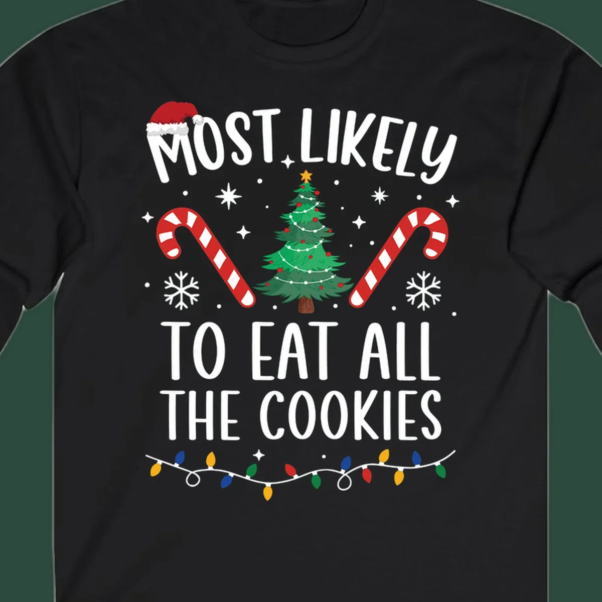 Most Likely To Eat All The Cookies Christmas graphic with tree and candy canes.