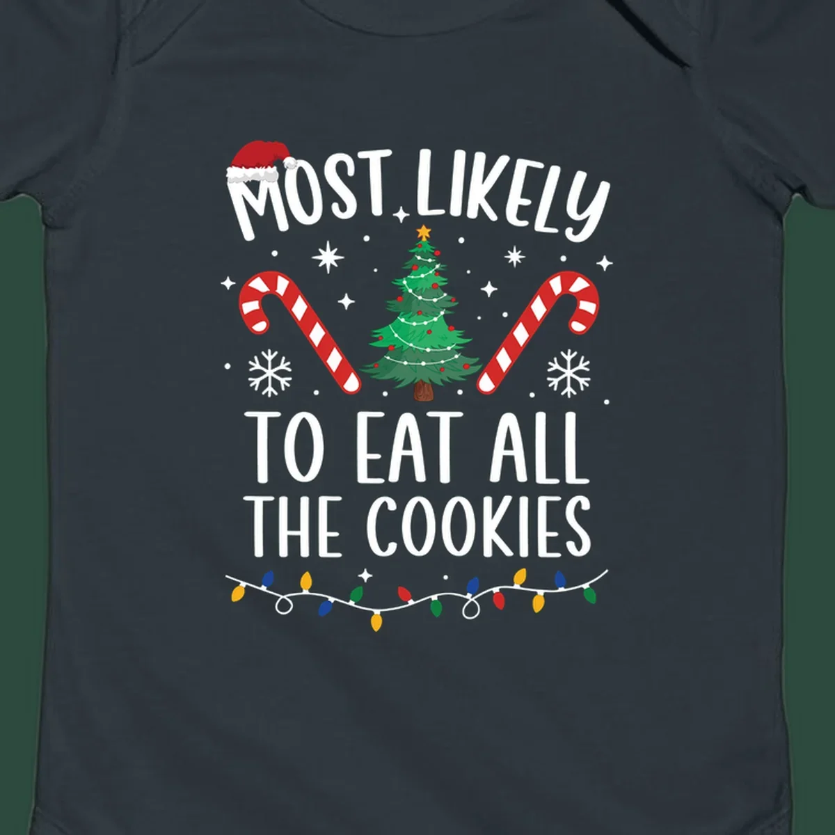 Most Likely To Eat All The Cookies Christmas graphic with tree and candy canes.