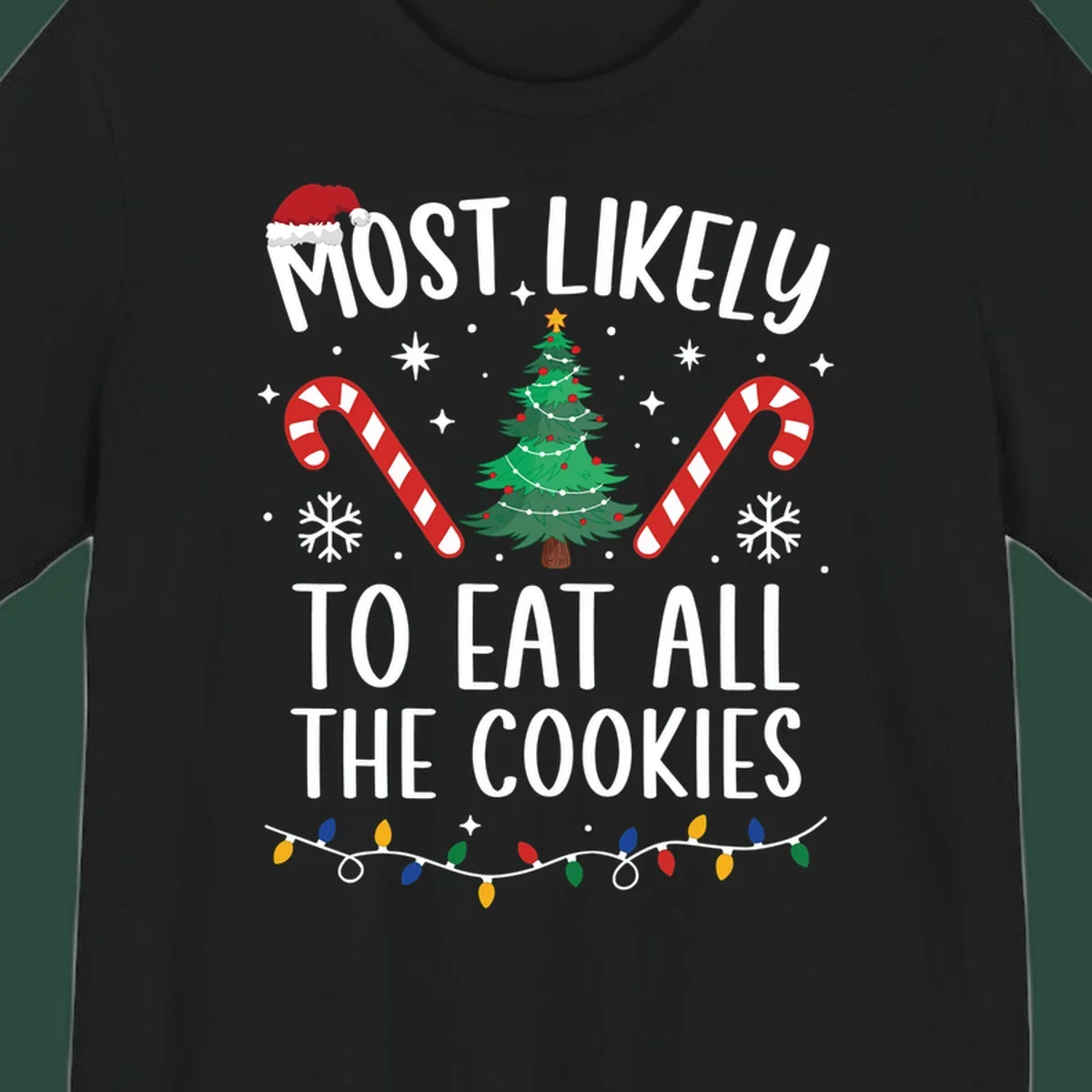 Most Likely To Eat All The Cookies Christmas graphic with tree and candy canes.