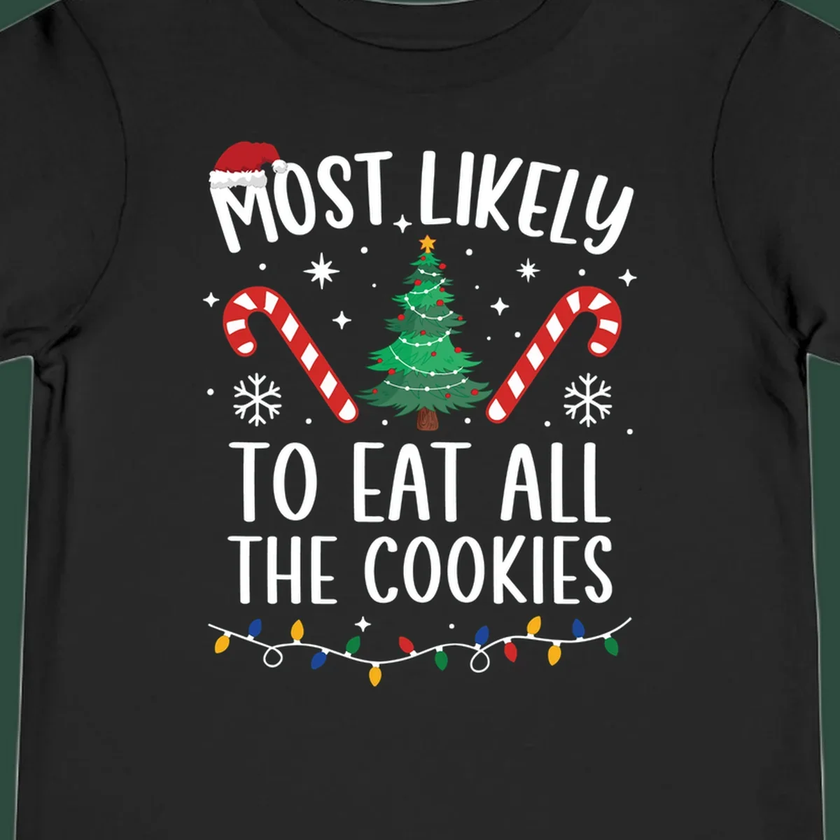 Most Likely To Eat All The Cookies Christmas graphic with tree and candy canes.