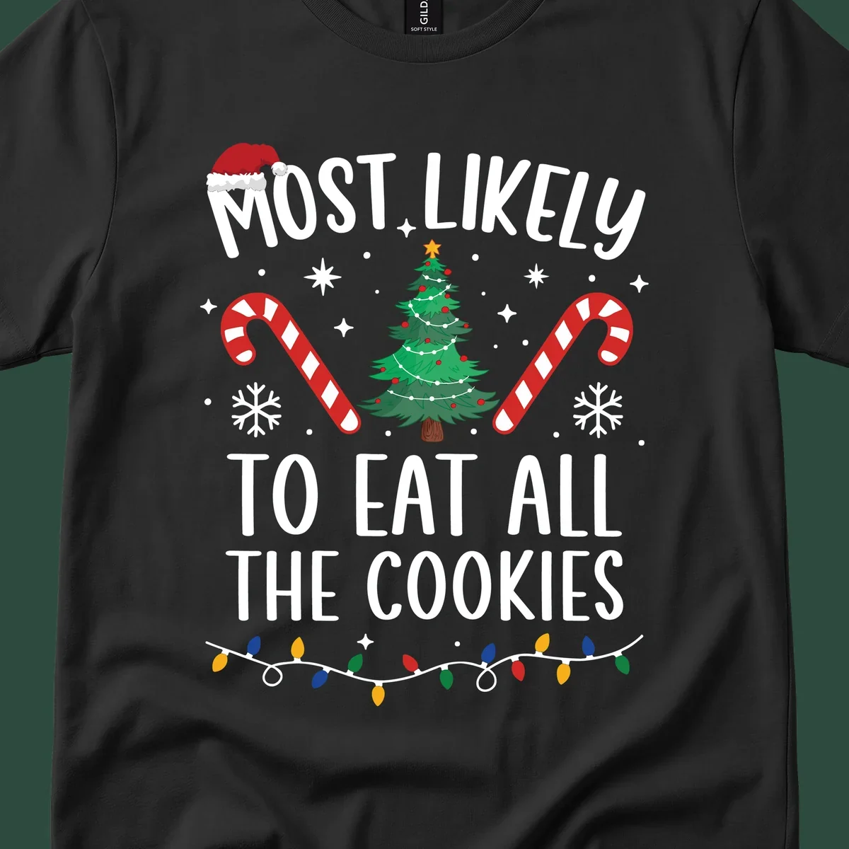 Most Likely To Eat All The Cookies Christmas graphic with tree and candy canes.