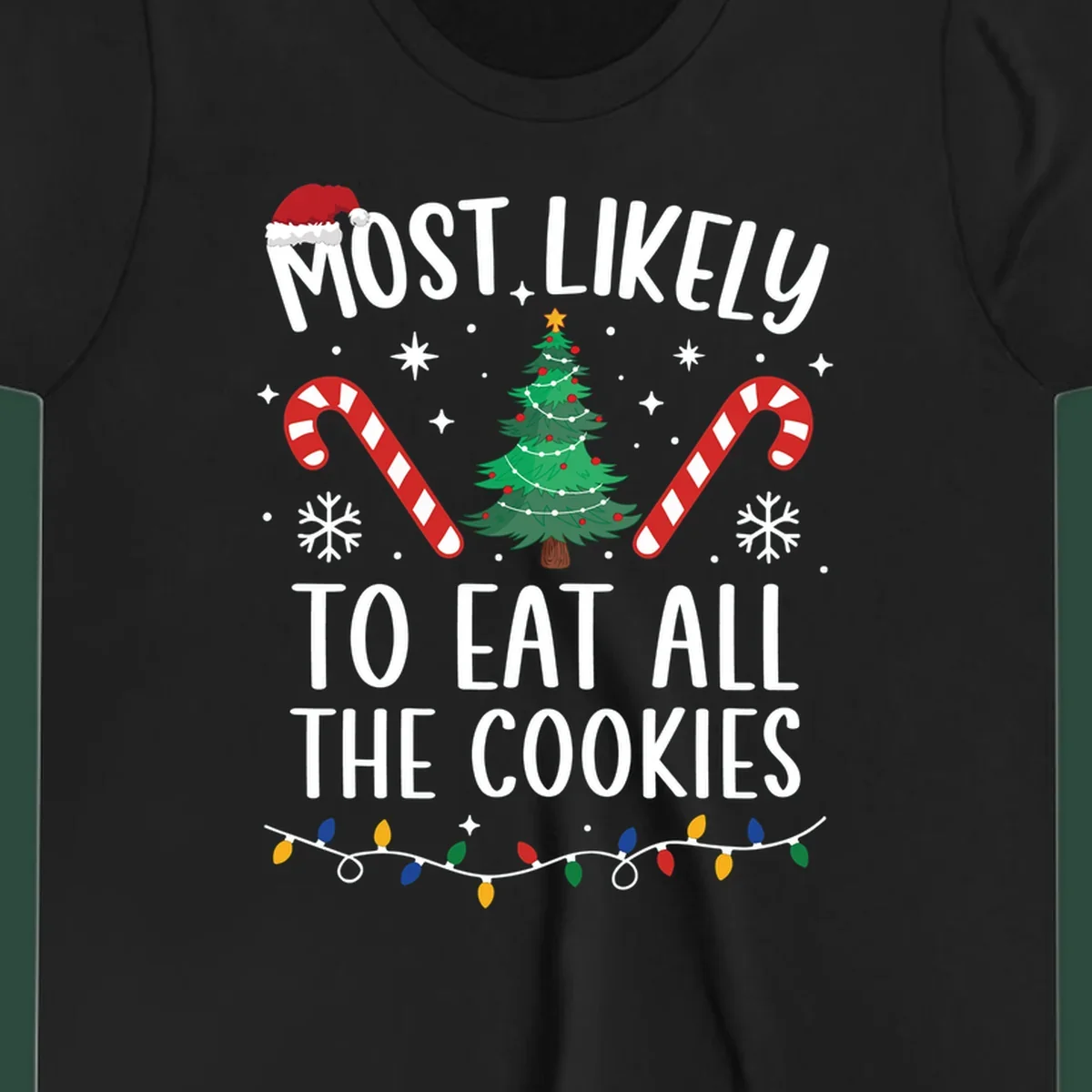 Most Likely To Eat All The Cookies Christmas graphic with tree and candy canes.