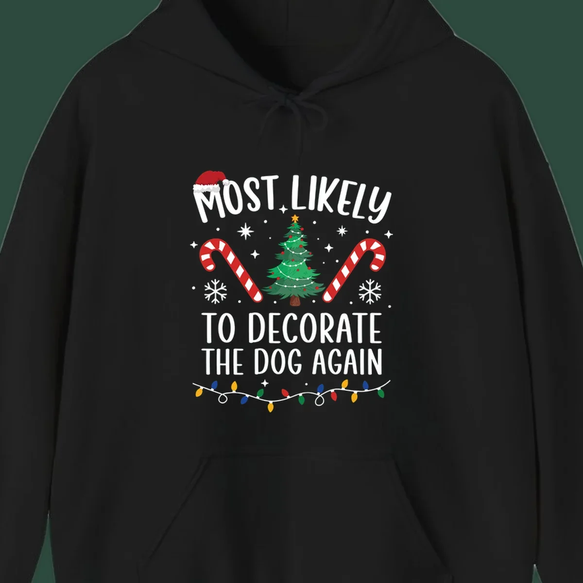Most Likely To Decorate The Dog Again phrase with Christmas elements like Santa hat, tree, candy canes.