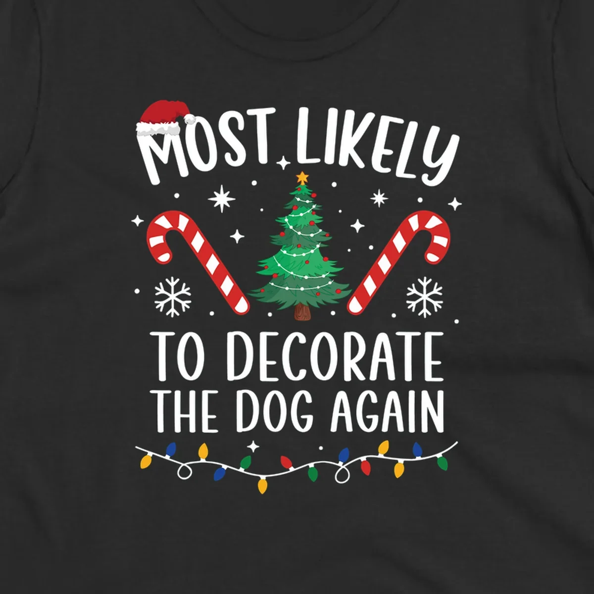 Most Likely To Decorate The Dog Again phrase with Christmas elements like Santa hat, tree, candy canes.