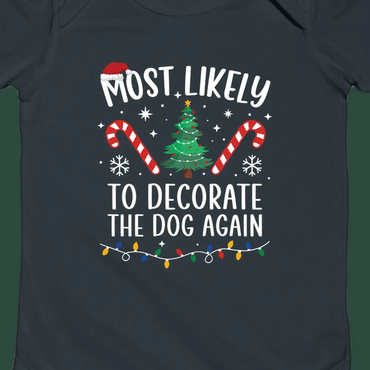 Most Likely To Decorate The Dog Again phrase with Christmas elements like Santa hat, tree, candy canes.