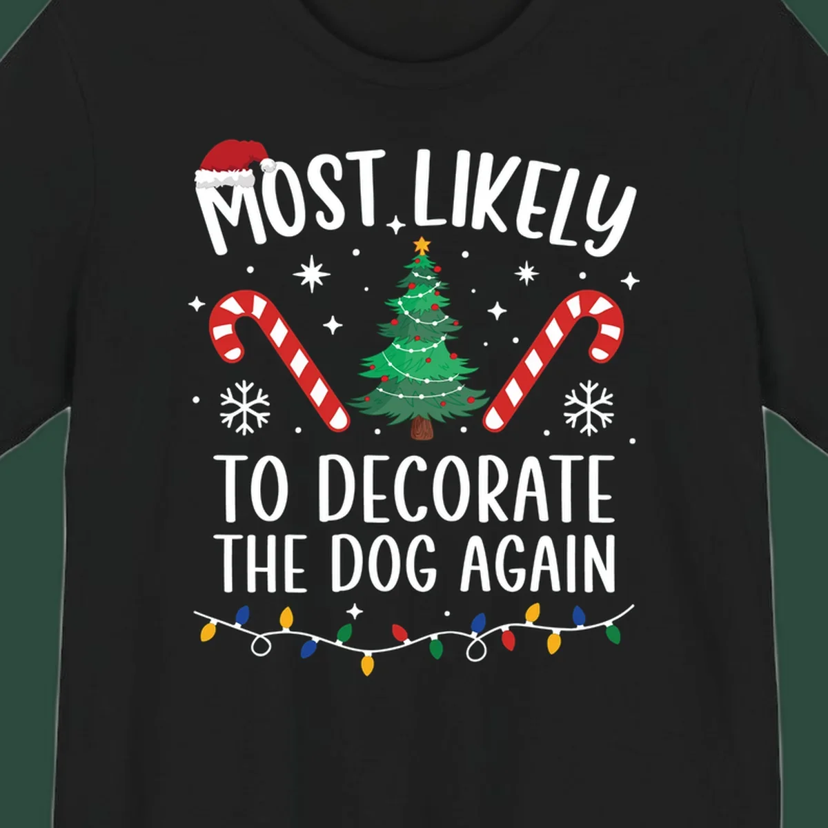 Most Likely To Decorate The Dog Again phrase with Christmas elements like Santa hat, tree, candy canes.
