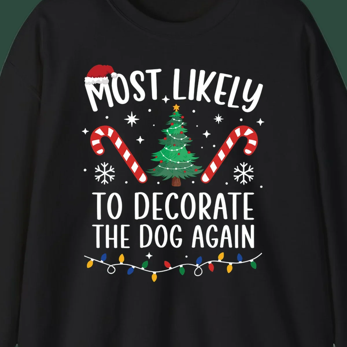Most Likely To Decorate The Dog Again phrase with Christmas elements like Santa hat, tree, candy canes.
