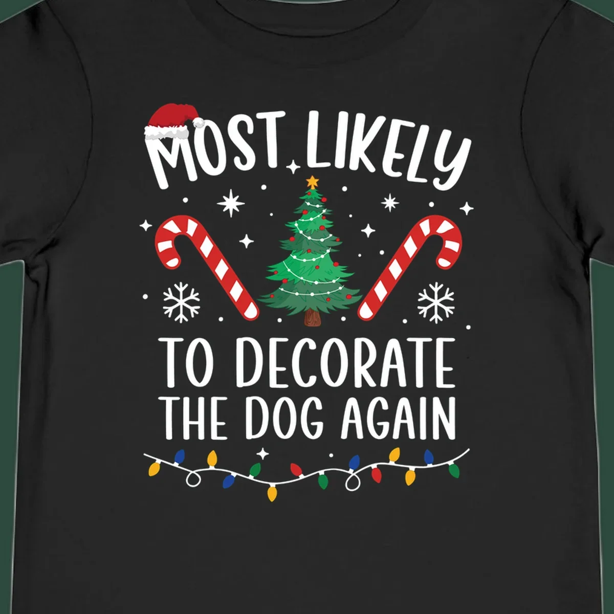 Most Likely To Decorate The Dog Again phrase with Christmas elements like Santa hat, tree, candy canes.