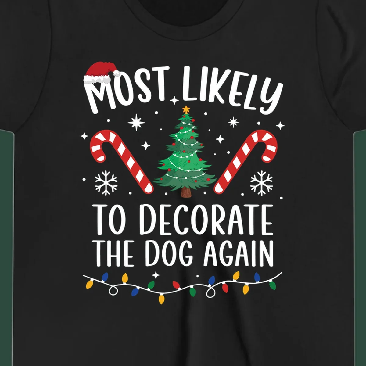 Most Likely To Decorate The Dog Again phrase with Christmas elements like Santa hat, tree, candy canes.
