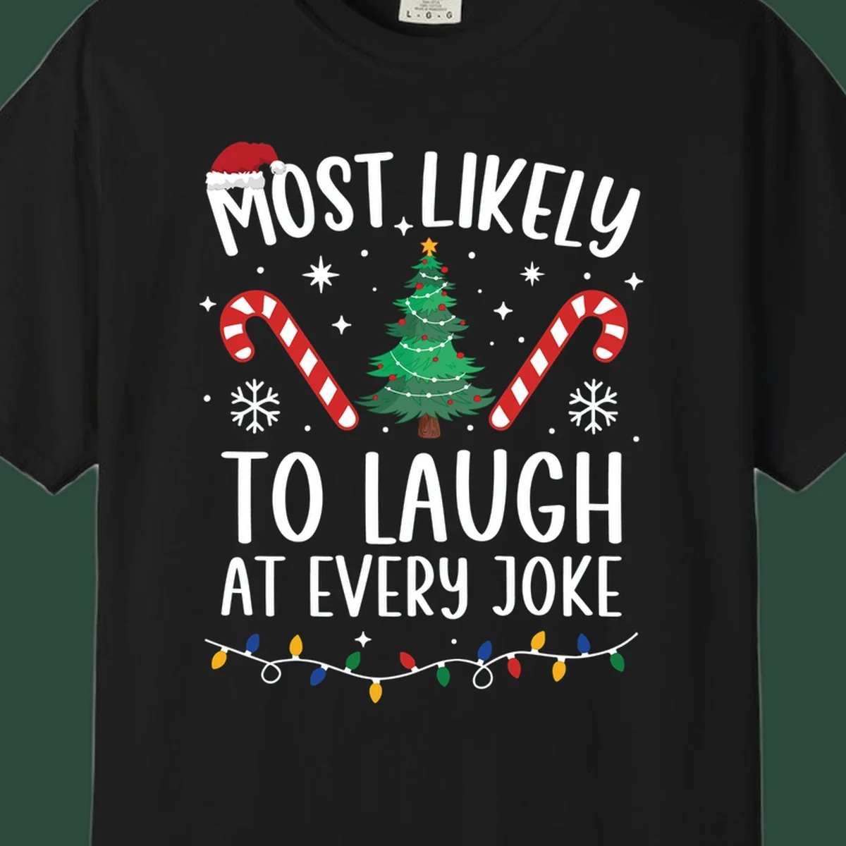 Most Likely To Laugh At Every Joke Christmas text with Santa hat, tree, candy canes, and lights.