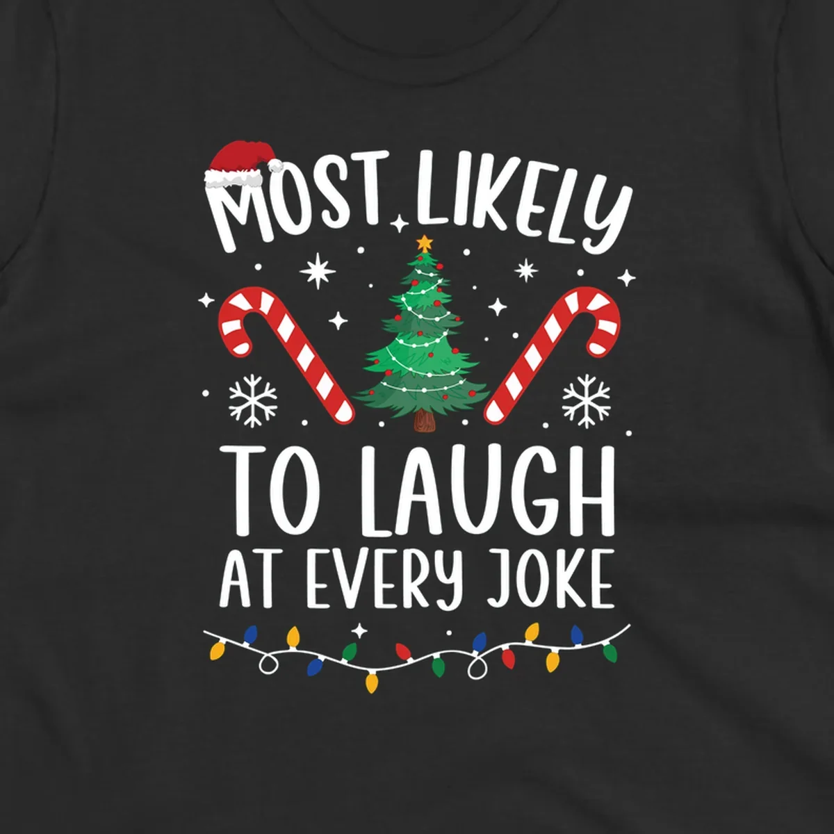 Most Likely To Laugh At Every Joke Christmas text with Santa hat, tree, candy canes, and lights.