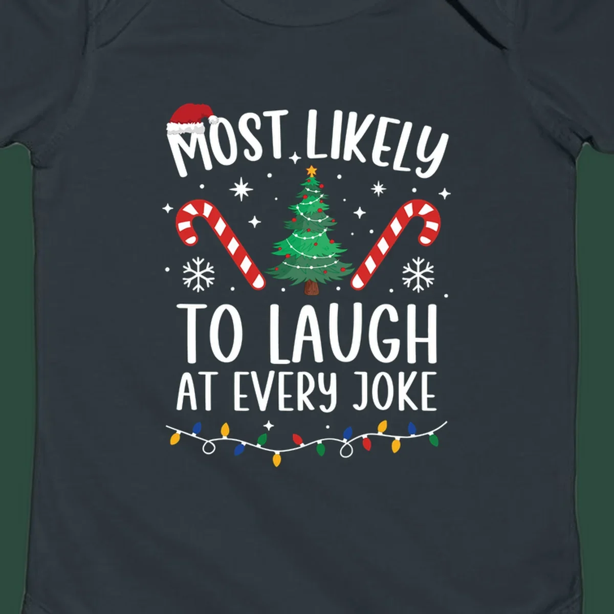 Most Likely To Laugh At Every Joke Christmas text with Santa hat, tree, candy canes, and lights.