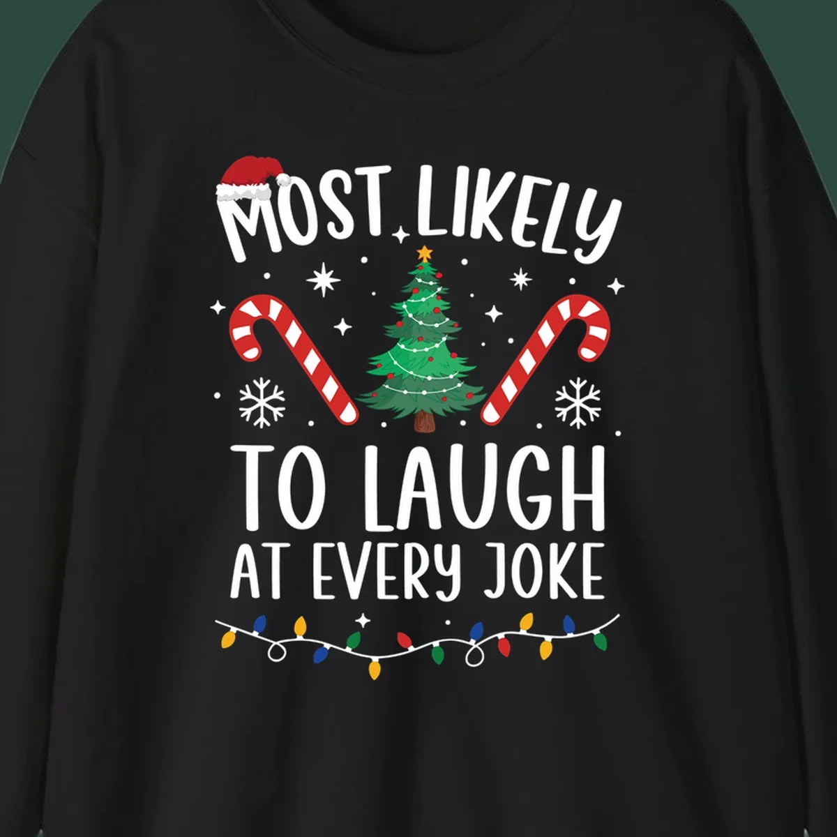 Most Likely To Laugh At Every Joke Christmas text with Santa hat, tree, candy canes, and lights.