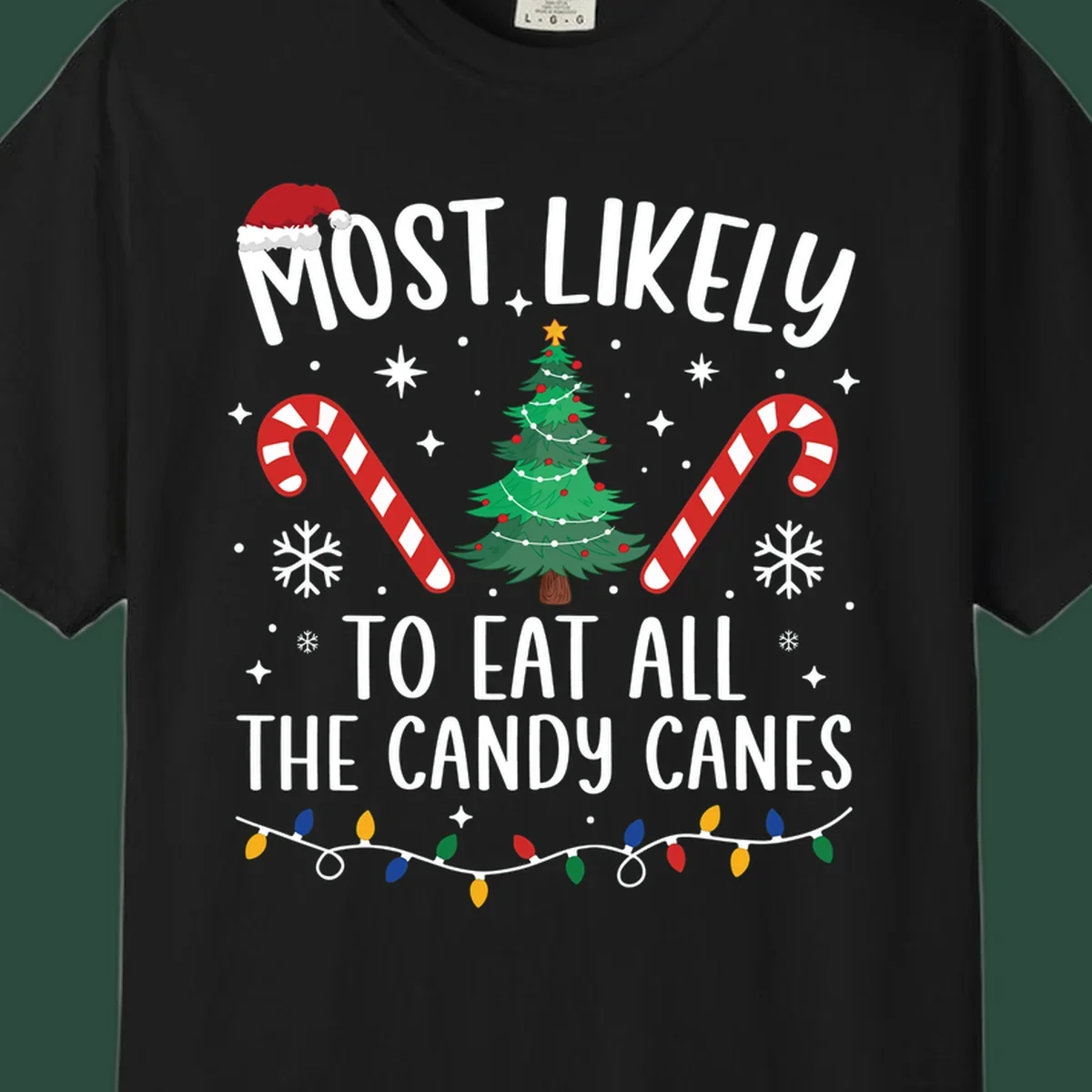 Most likely to eat all candy canes Christmas design with text, tree, candy canes, and lights.