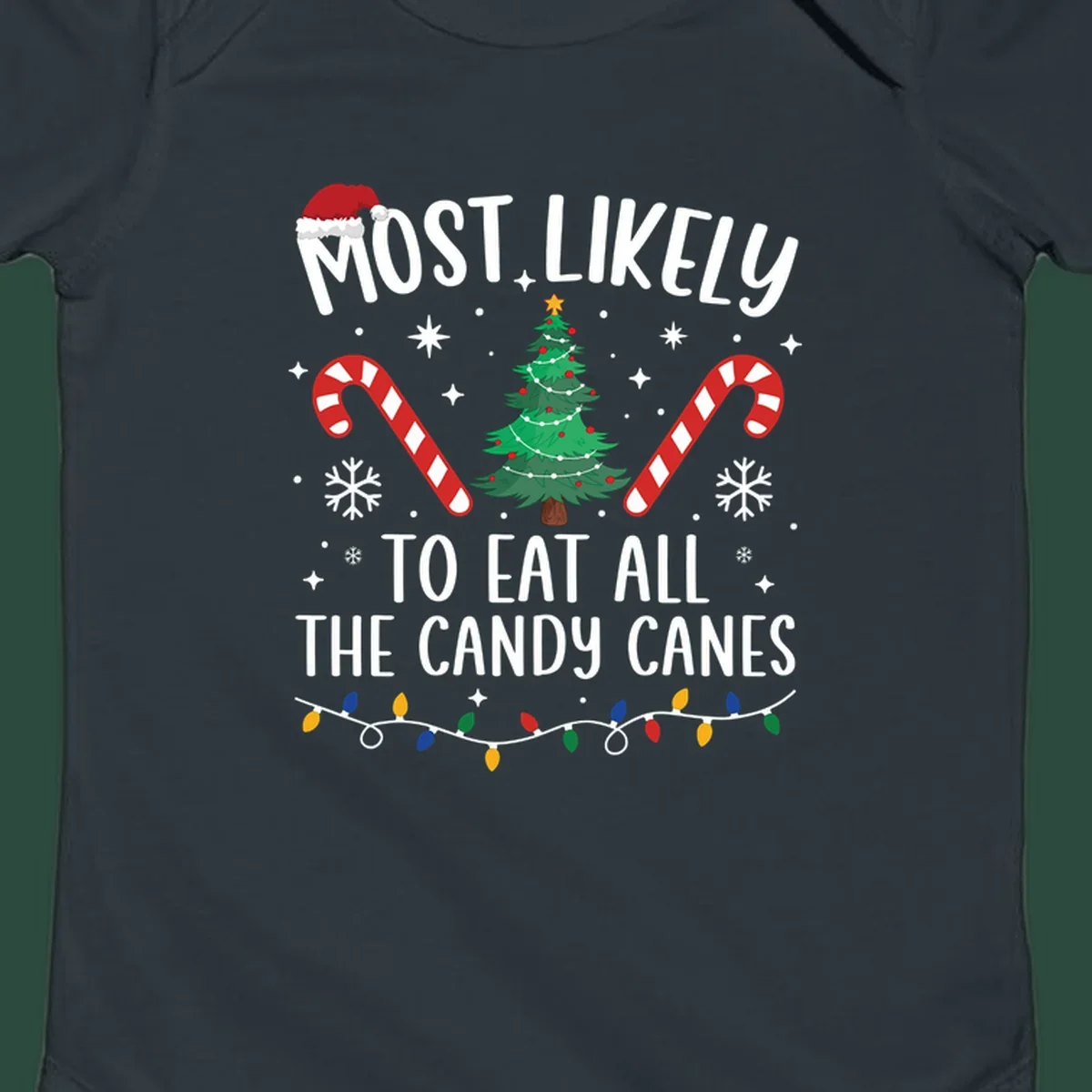 Most likely to eat all candy canes Christmas design with text, tree, candy canes, and lights.