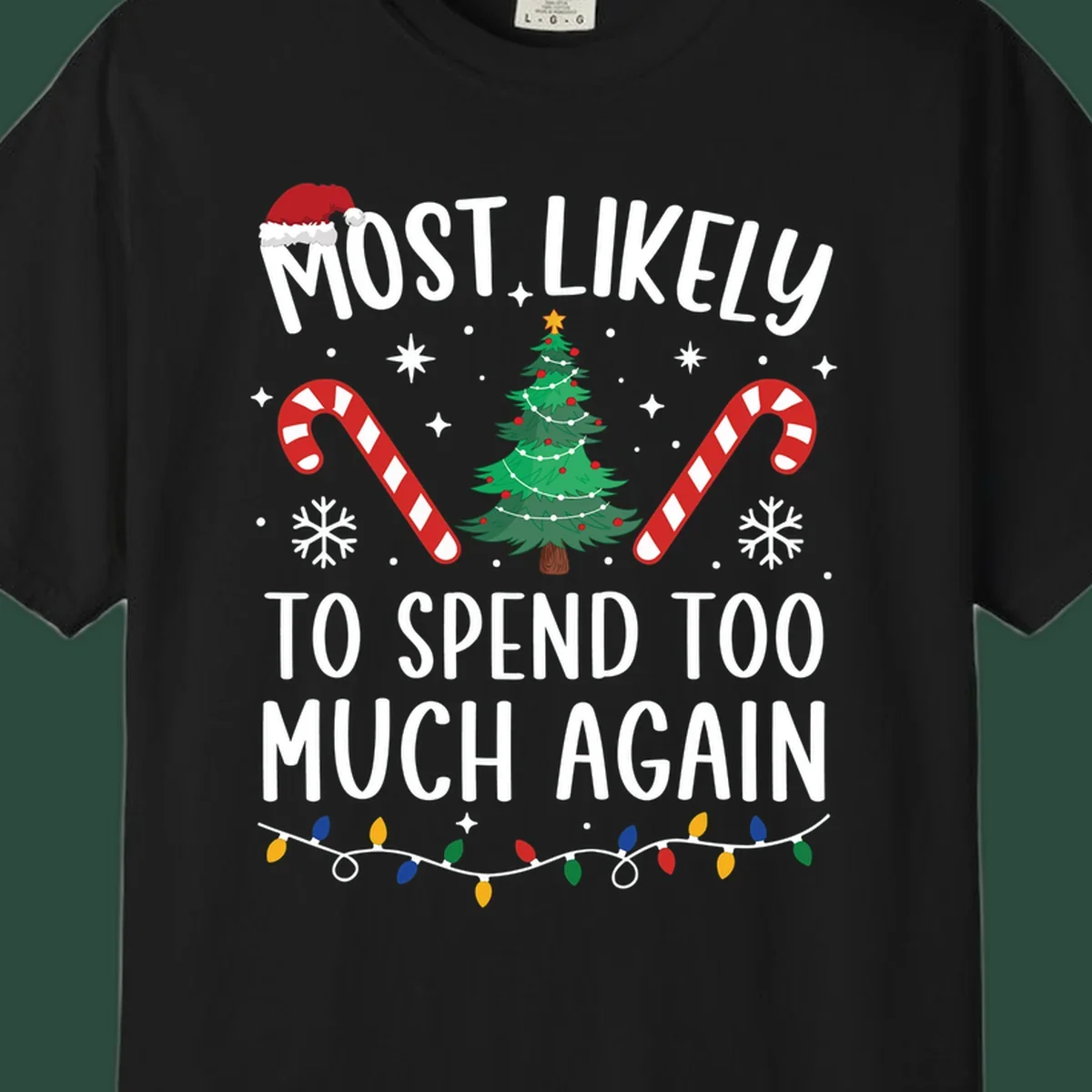Most Likely To Spend Too Much Christmas spending crew text with tree, candy canes, and Santa hat.