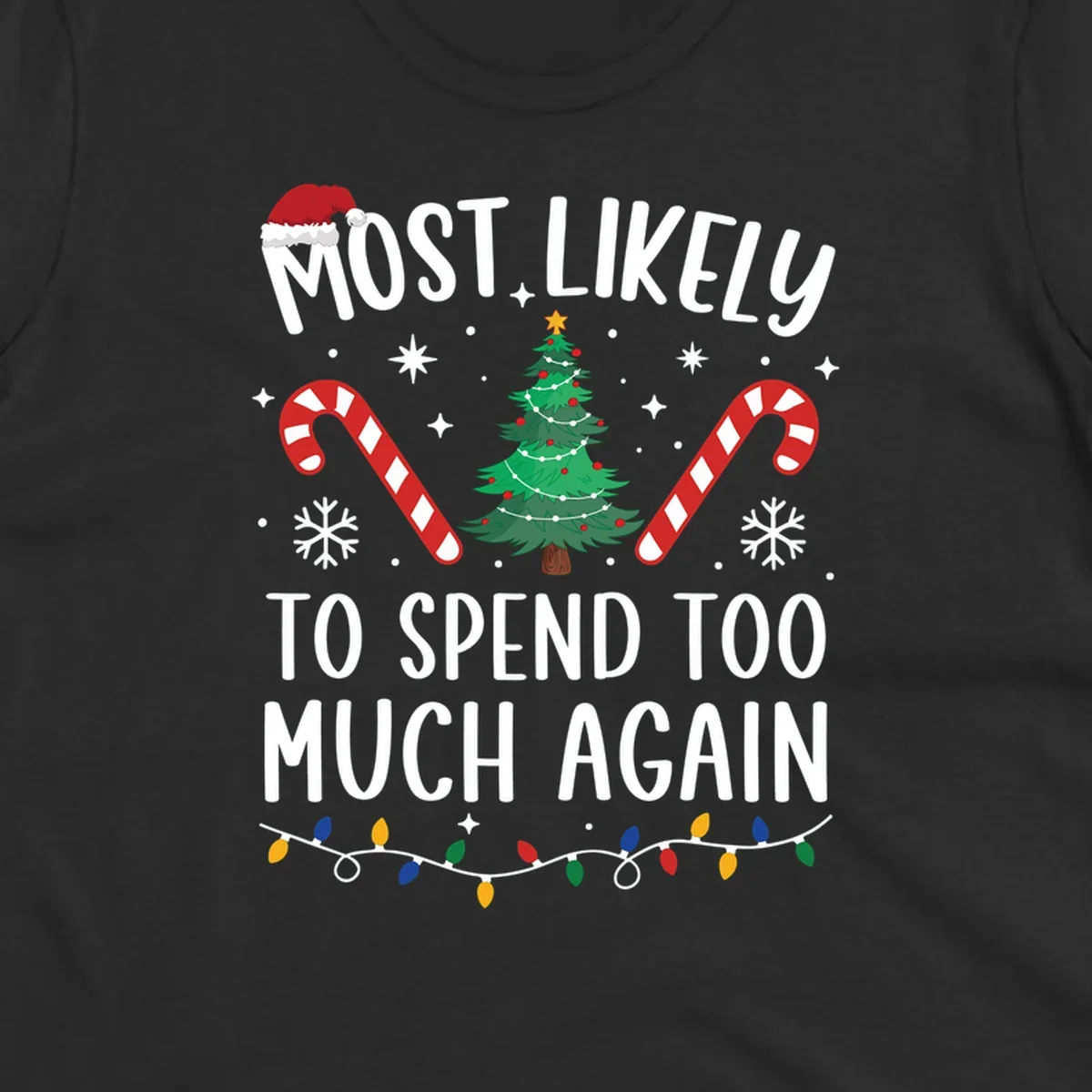 Most Likely To Spend Too Much Christmas spending crew text with tree, candy canes, and Santa hat.