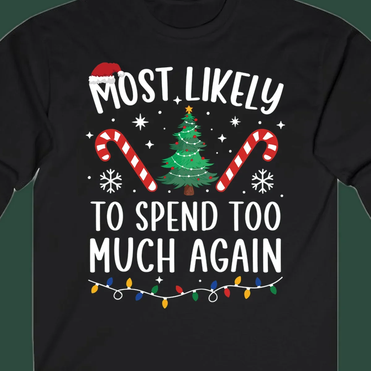 Most Likely To Spend Too Much Christmas spending crew text with tree, candy canes, and Santa hat.