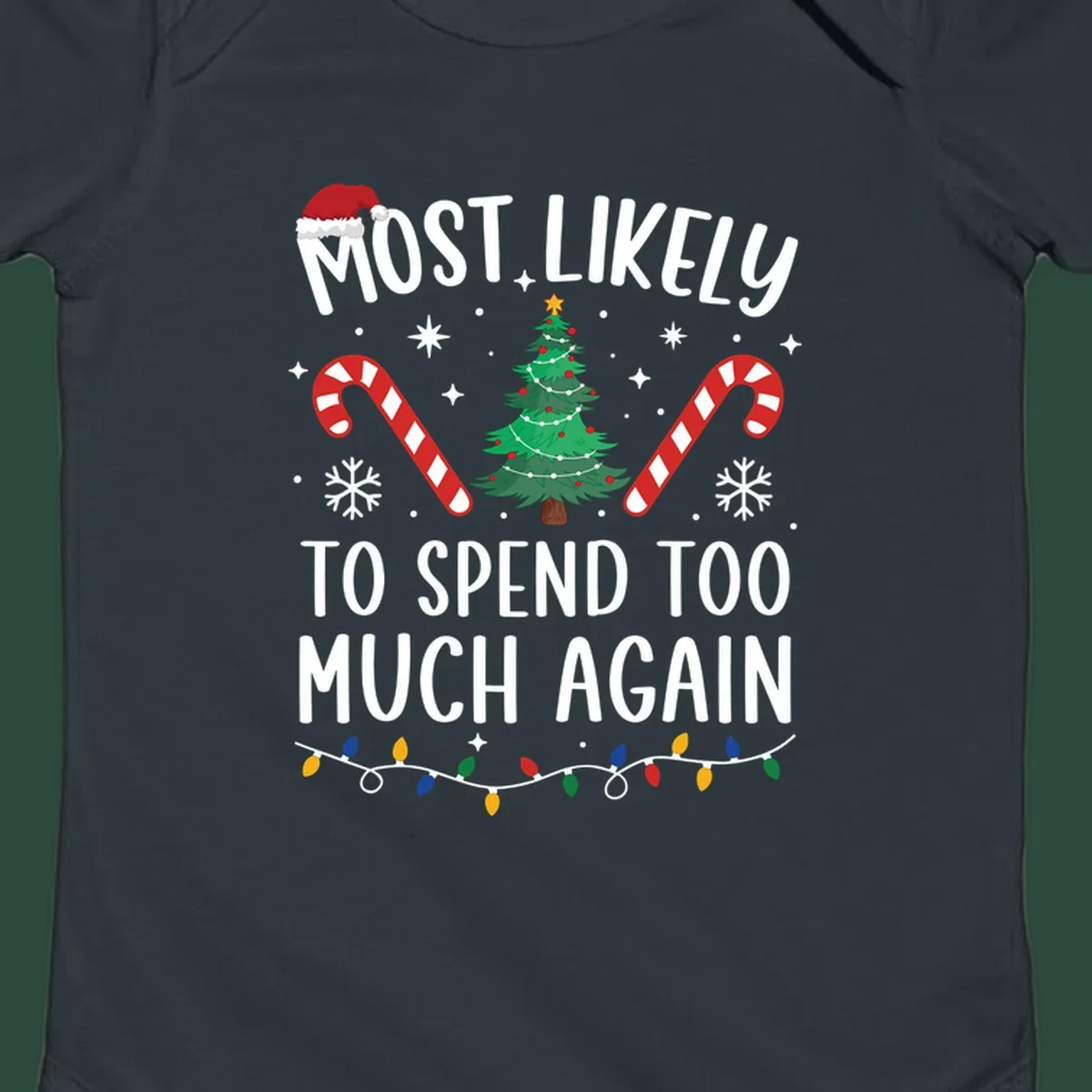 Most Likely To Spend Too Much Christmas spending crew text with tree, candy canes, and Santa hat.