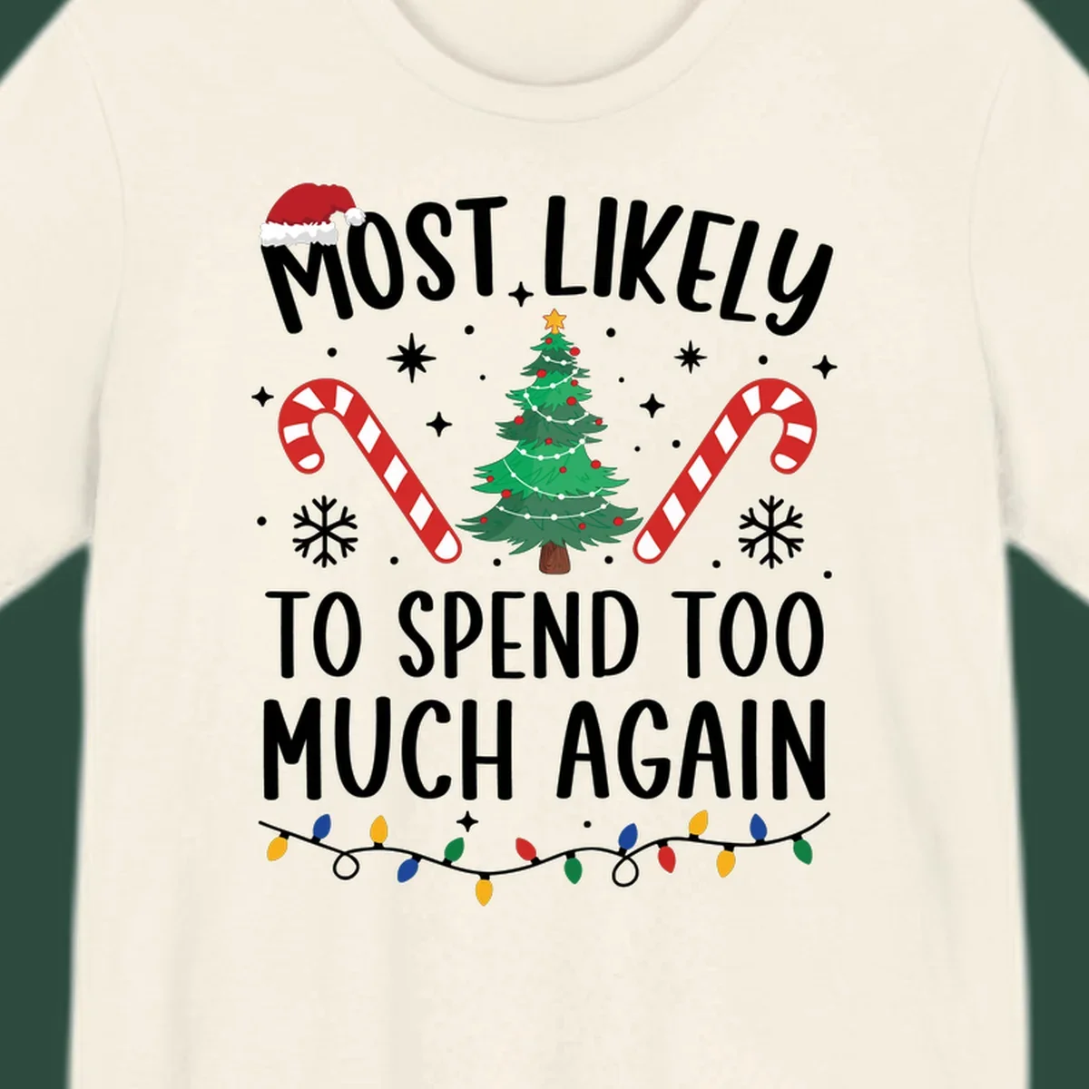 Most Likely To Spend Too Much Christmas spending crew text with tree, candy canes, and Santa hat.