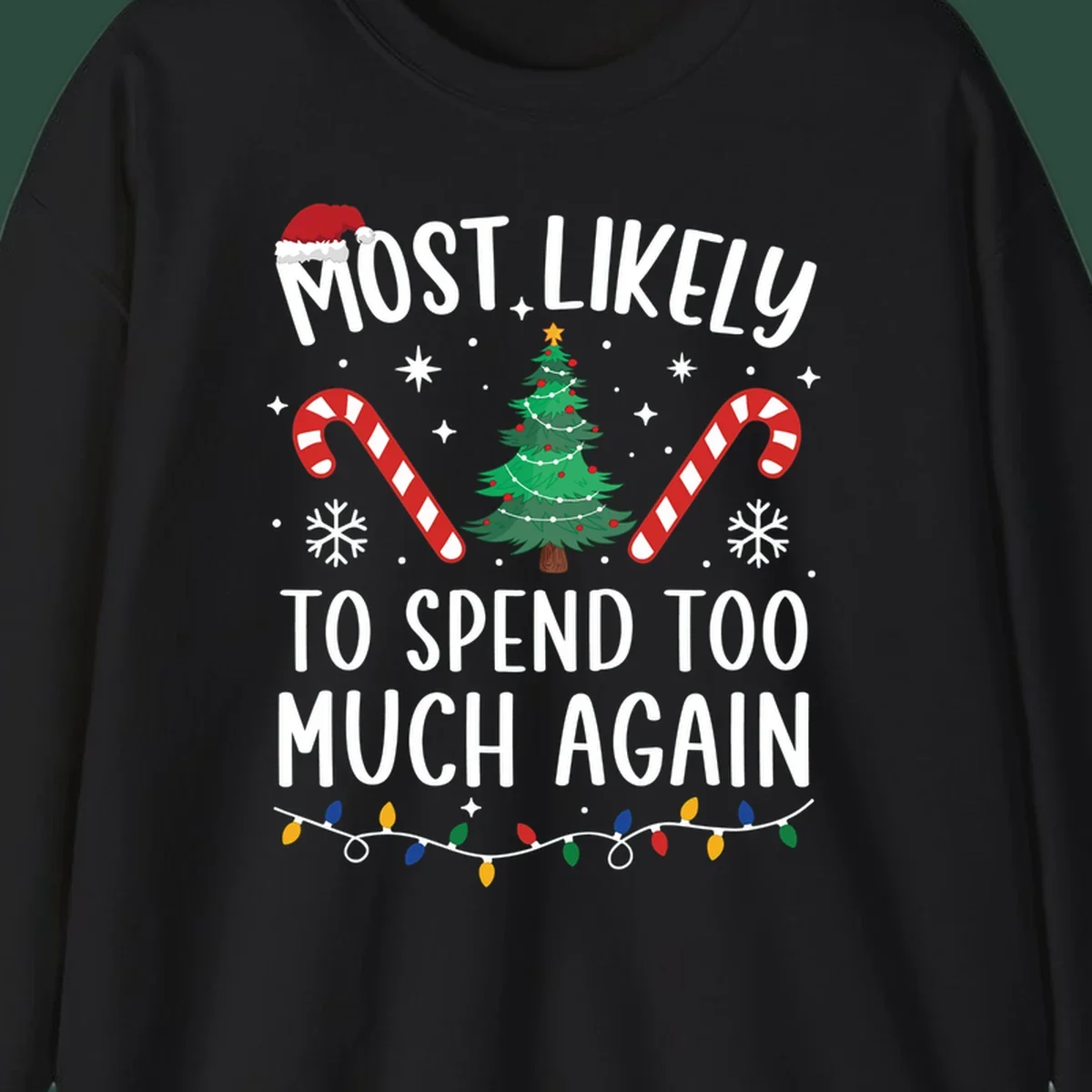 Most Likely To Spend Too Much Christmas spending crew text with tree, candy canes, and Santa hat.