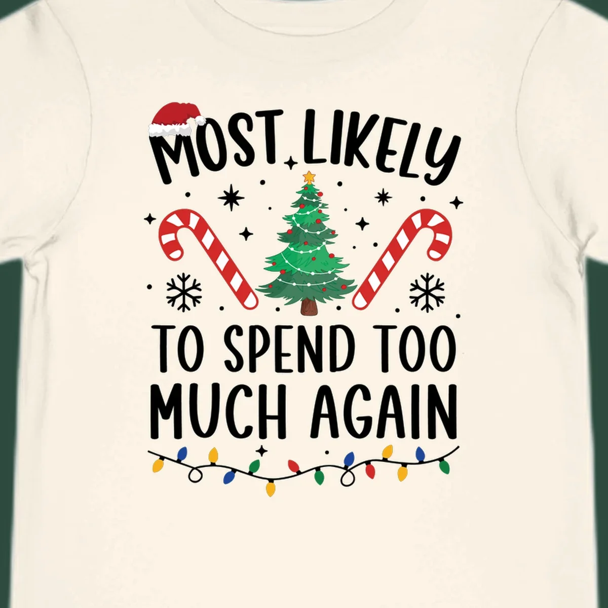 Most Likely To Spend Too Much Christmas spending crew text with tree, candy canes, and Santa hat.