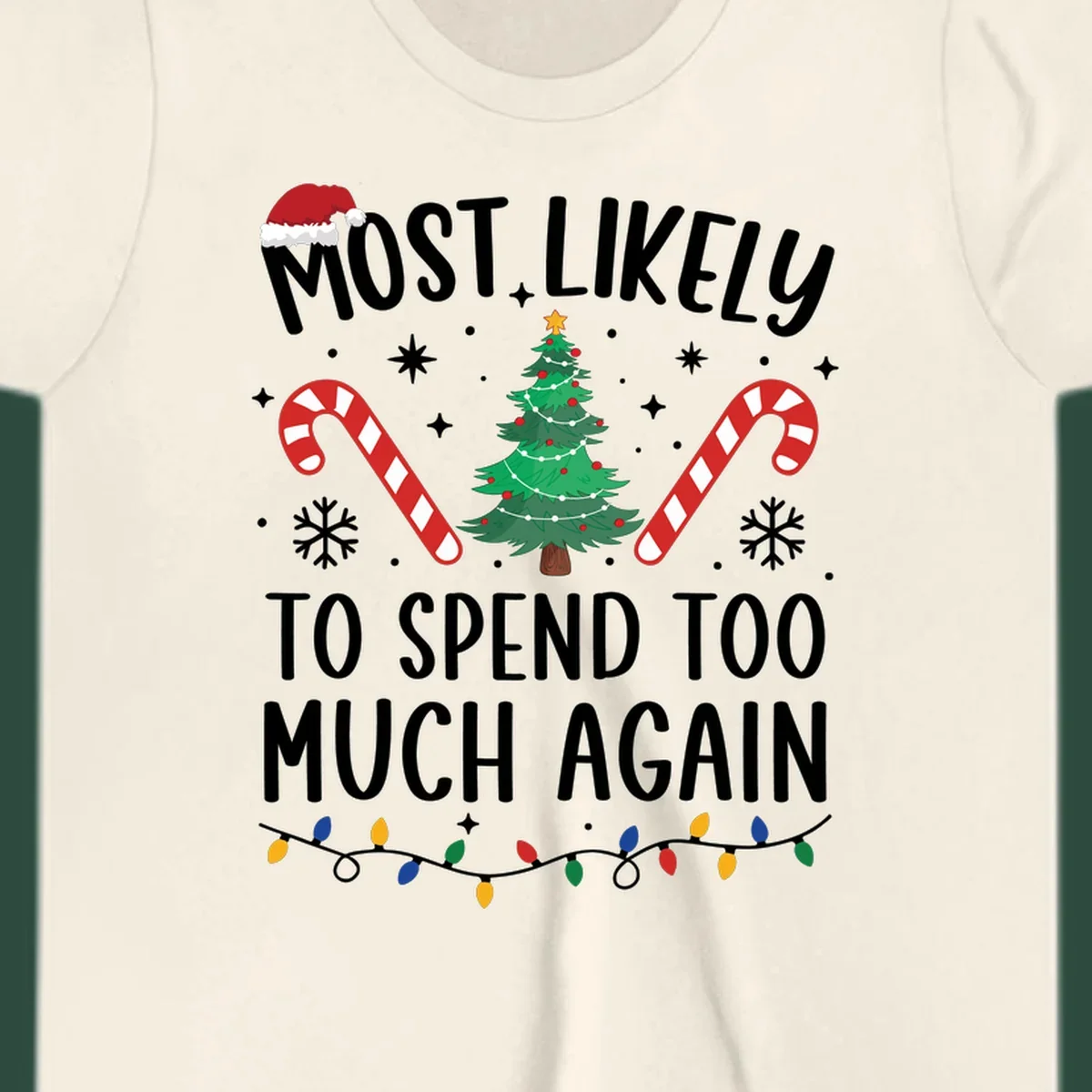 Most Likely To Spend Too Much Christmas spending crew text with tree, candy canes, and Santa hat.
