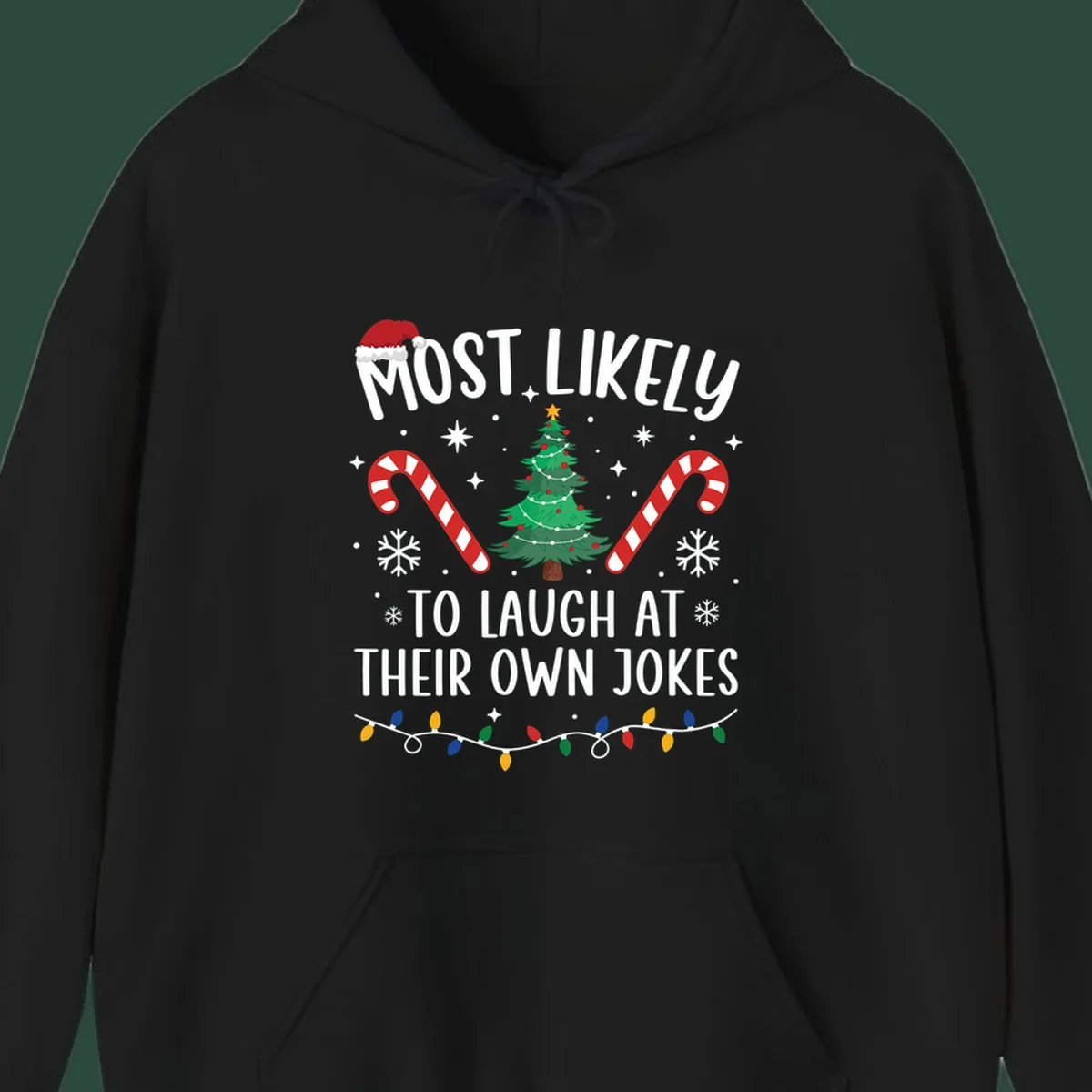 Most Likely To Laugh At Their Own Jokes Christmas design with text and festive elements.