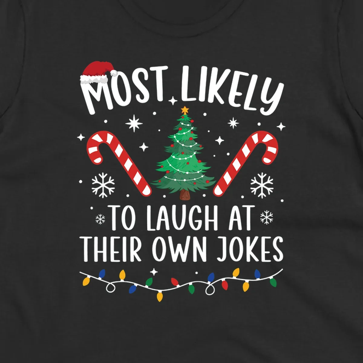 Most Likely To Laugh At Their Own Jokes Christmas design with text and festive elements.