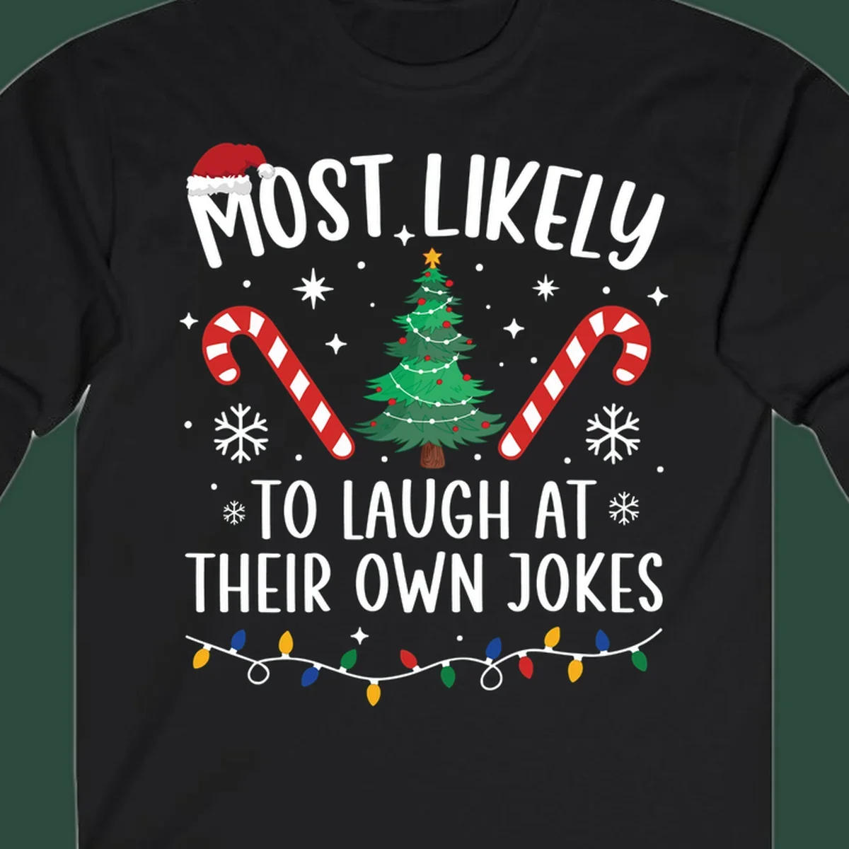 Most Likely To Laugh At Their Own Jokes Christmas design with text and festive elements.
