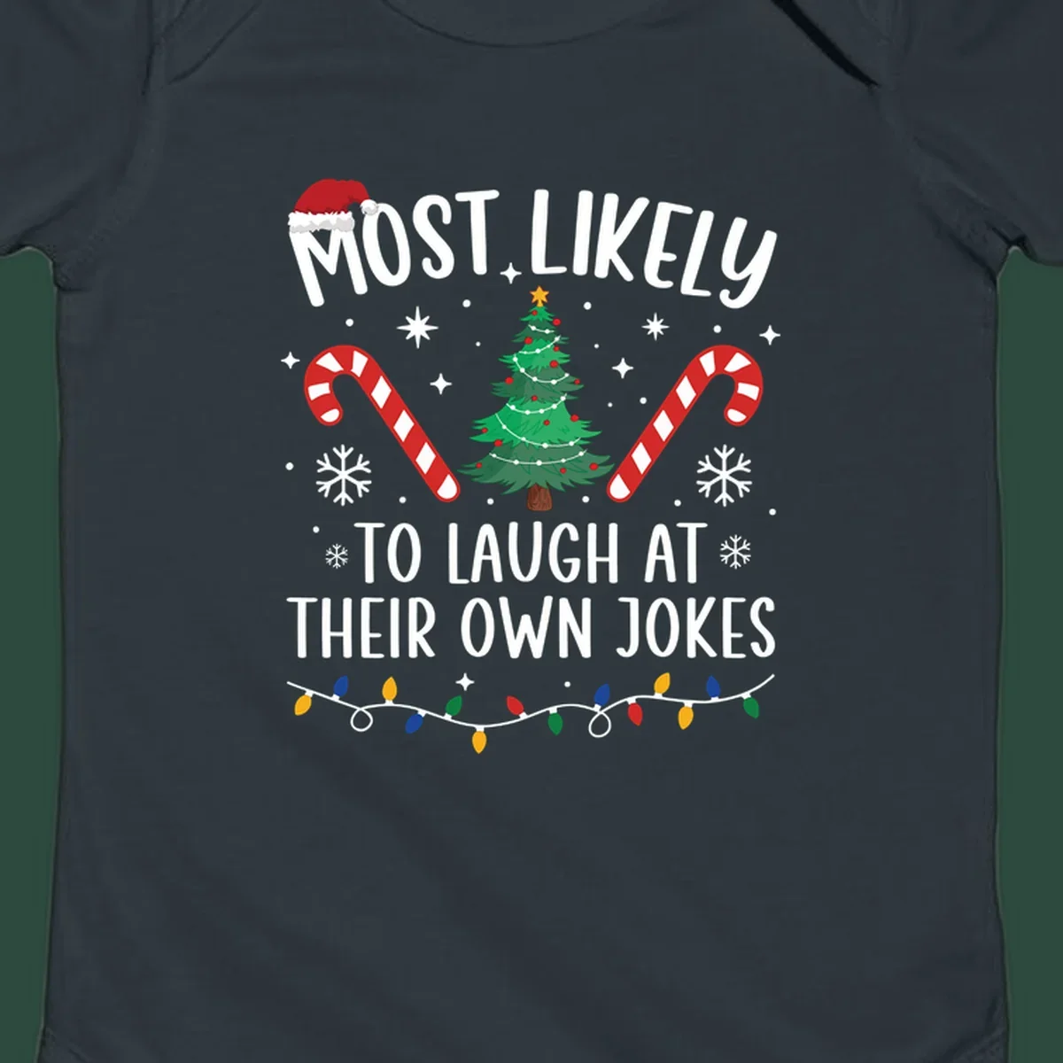 Most Likely To Laugh At Their Own Jokes Christmas design with text and festive elements.